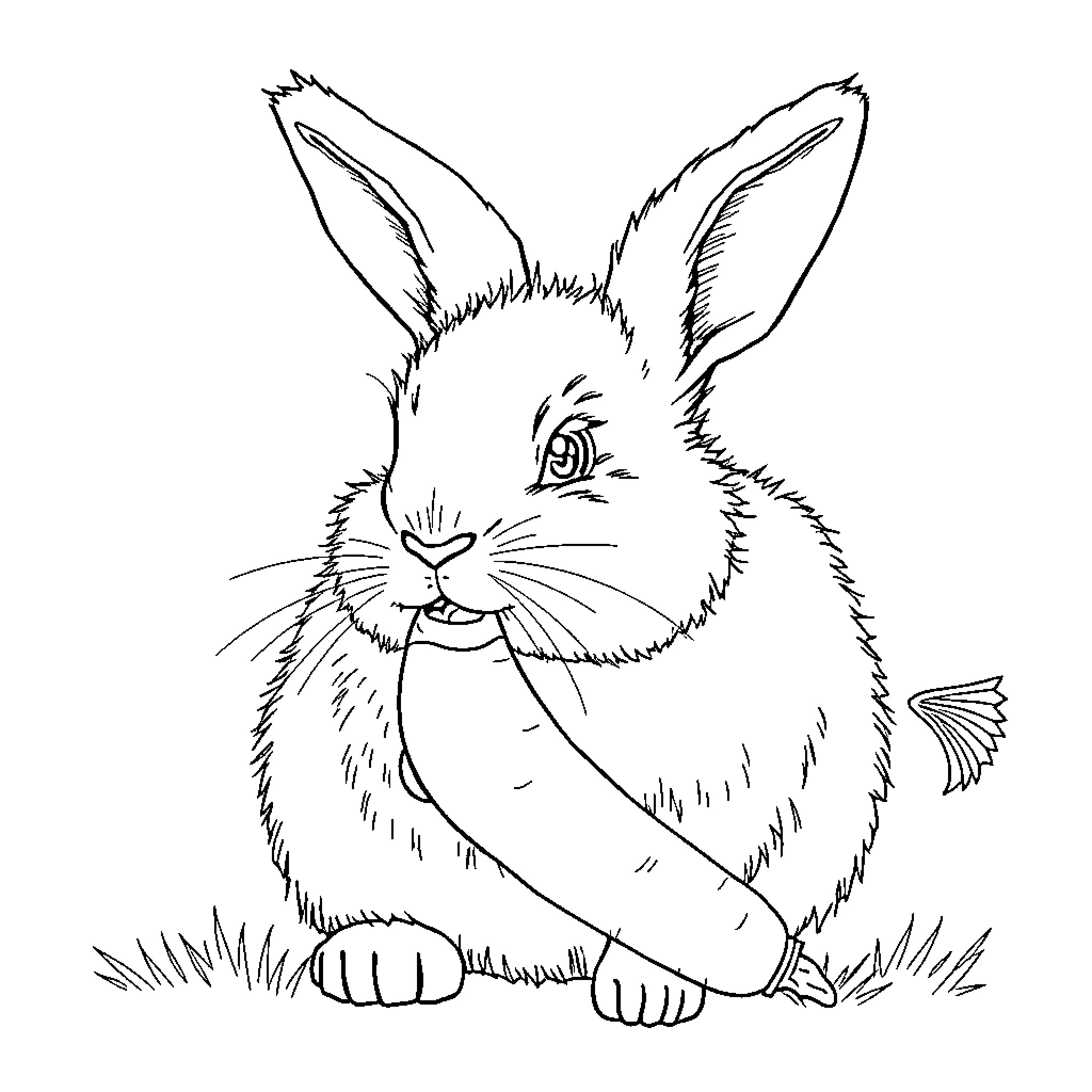 Rabbit with a Carrot in a Grassy Scene Coloring Page (free black-and-white line drawing printable PDF for all, from beginners to advanced learners, including children, teens, adults, and seniors)