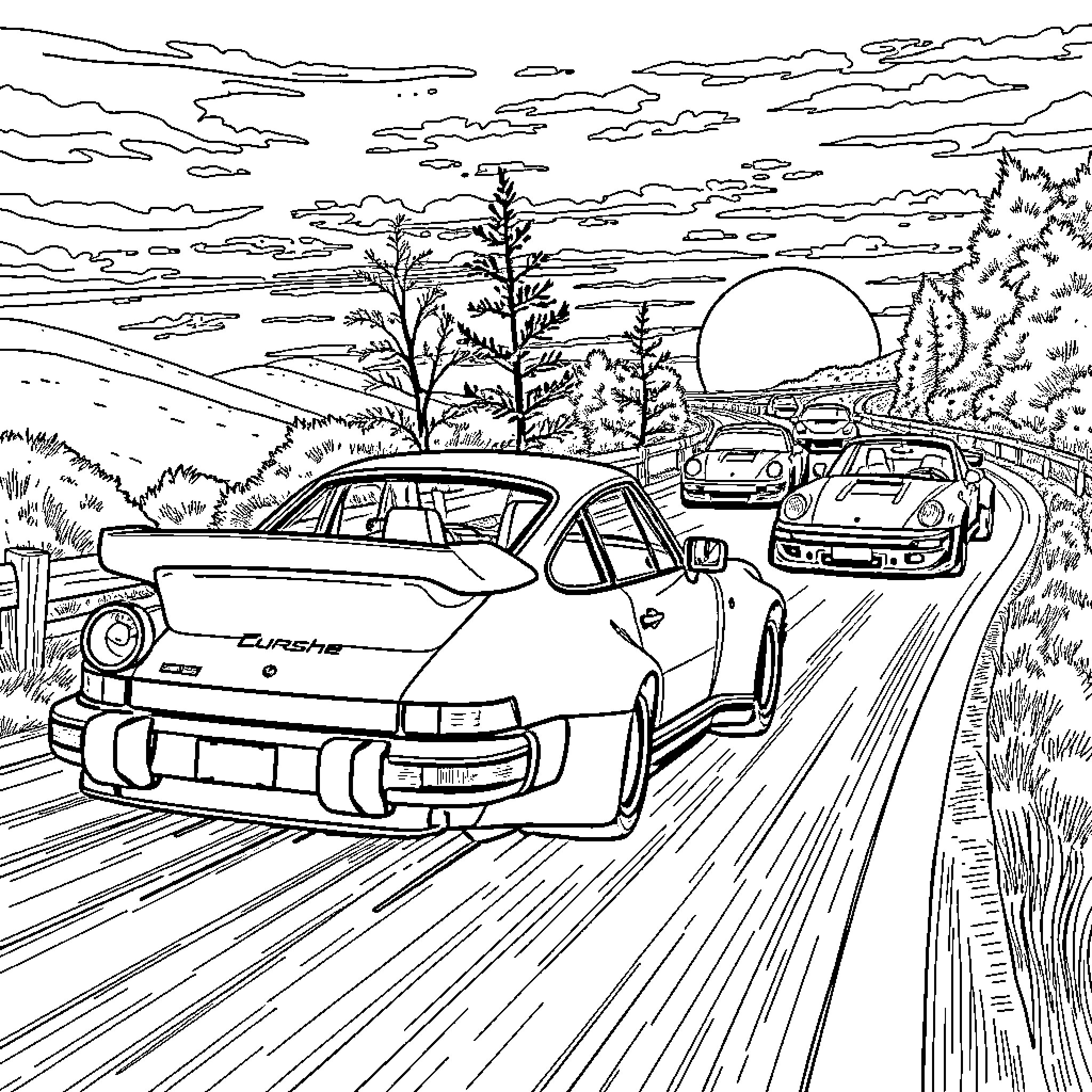 Porsche sports cars on scenic mountain road Coloring Page (free black-and-white line drawing printable PDF for all, from beginners to advanced learners, including children, teens, adults, and seniors)
