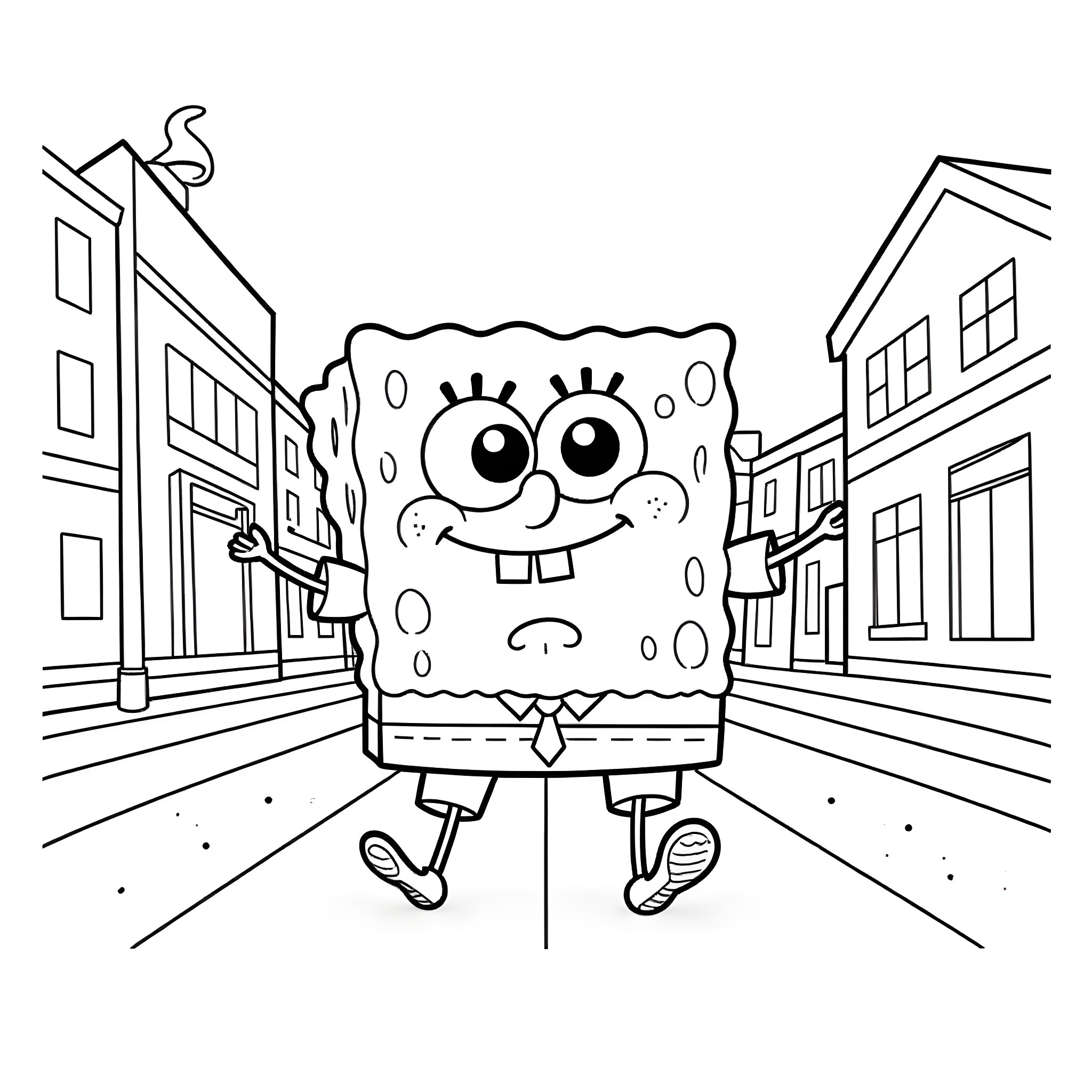 Spongebob walking happily through the town Coloring Page (free black-and-white line drawing printable PDF for all, from beginners to advanced learners, including children, teens, adults, and seniors)
