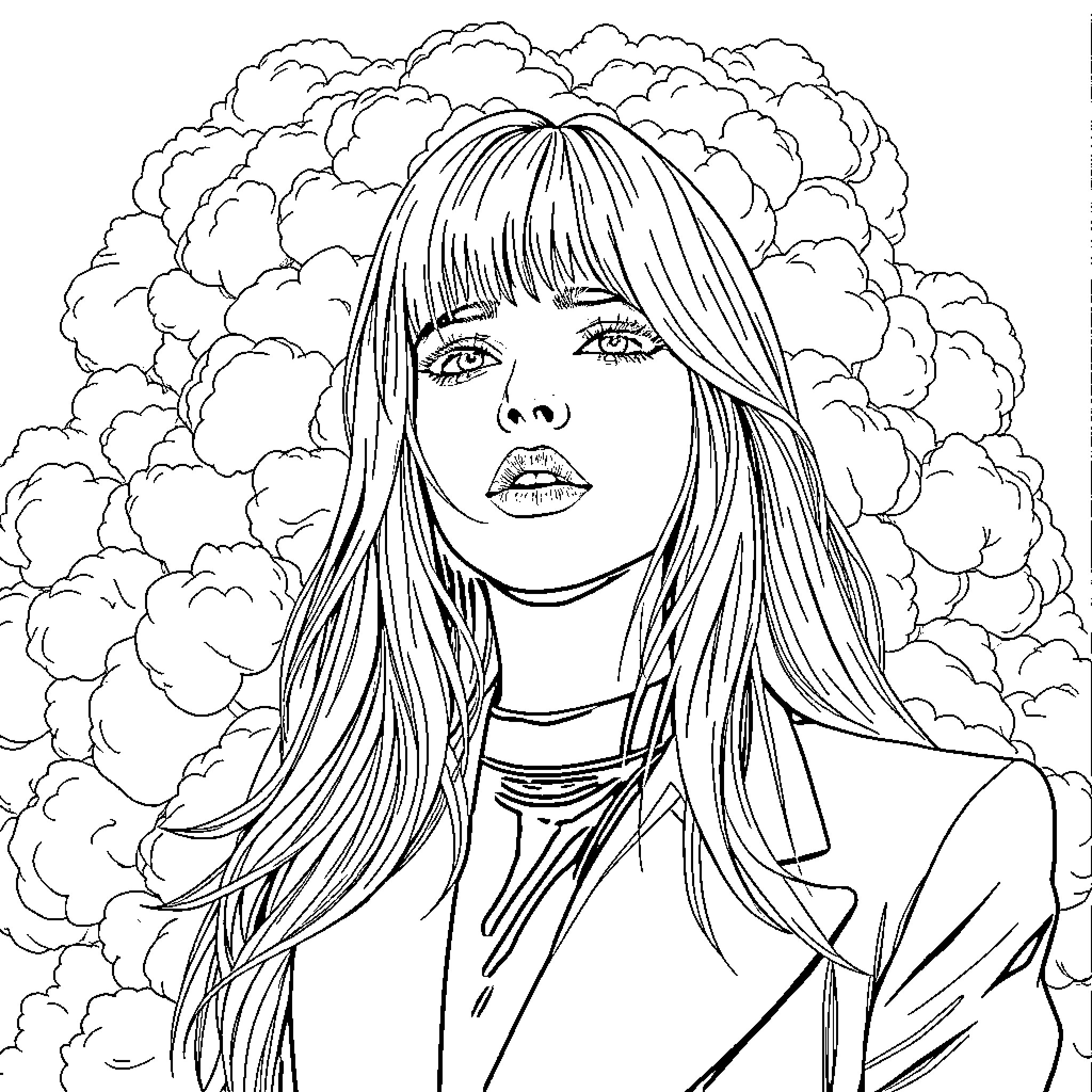 Billie Eilish surrounded by dreamlike clouds Coloring Page (free black-and-white line drawing printable PDF for all, from beginners to advanced learners, including children, teens, adults, and seniors)