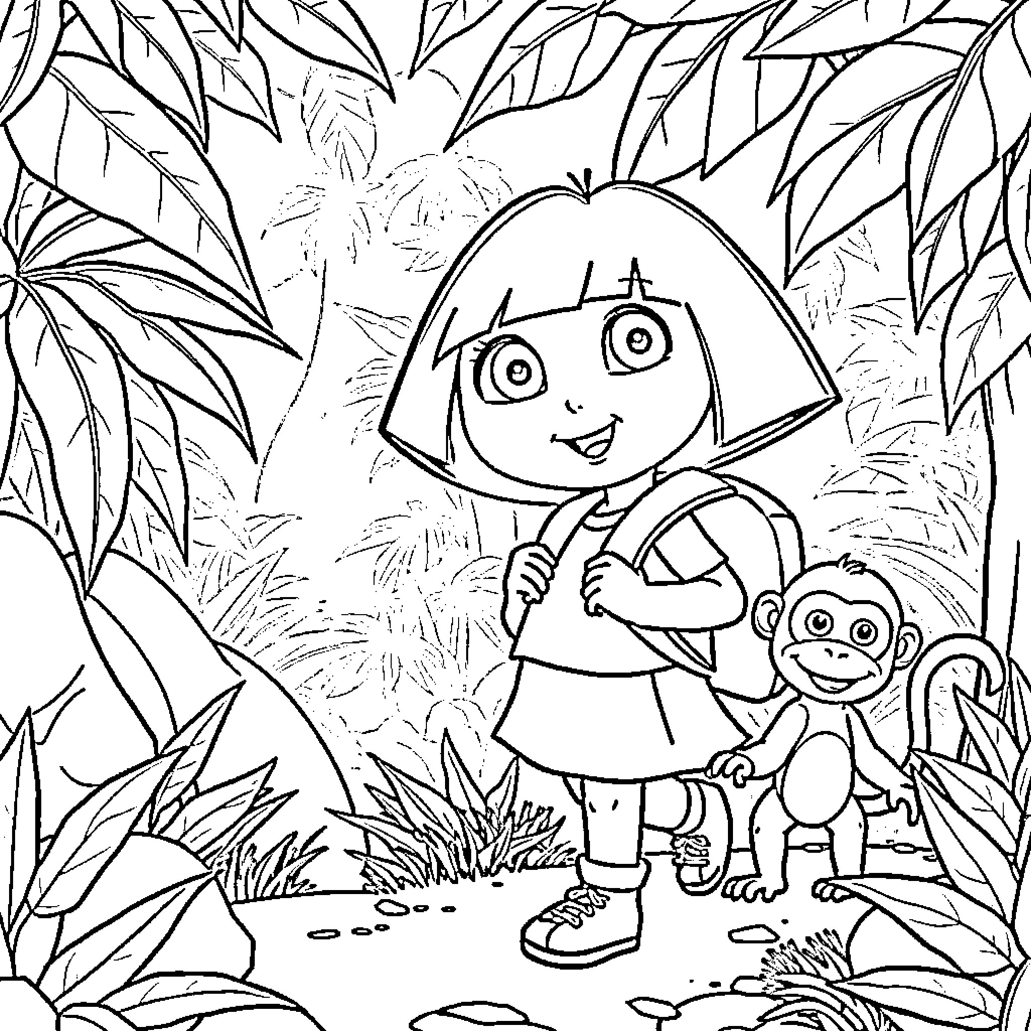 Dora Exploring the Jungle with Monkey Friend Coloring Page (free black-and-white line drawing printable PDF for all, from beginners to advanced learners, including children, teens, adults, and seniors)