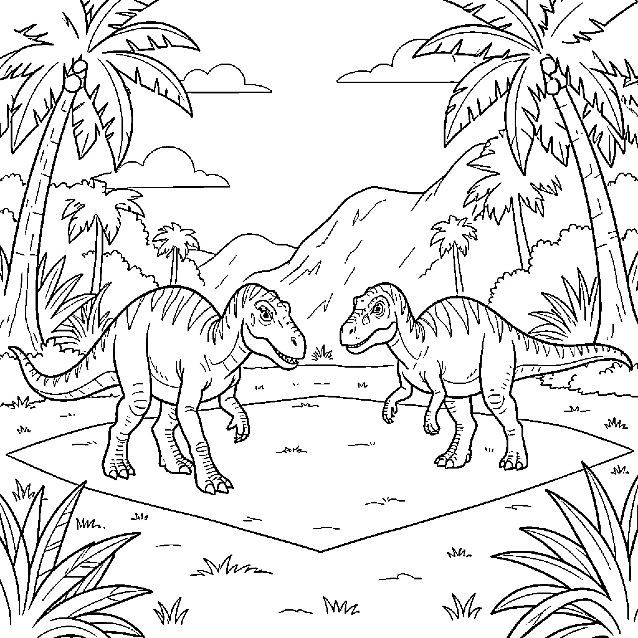 Dinosaur duo interacting in a tropical landscape Coloring Page (free black-and-white line drawing printable PDF for all, from beginners to advanced learners, including children, teens, adults, and seniors)