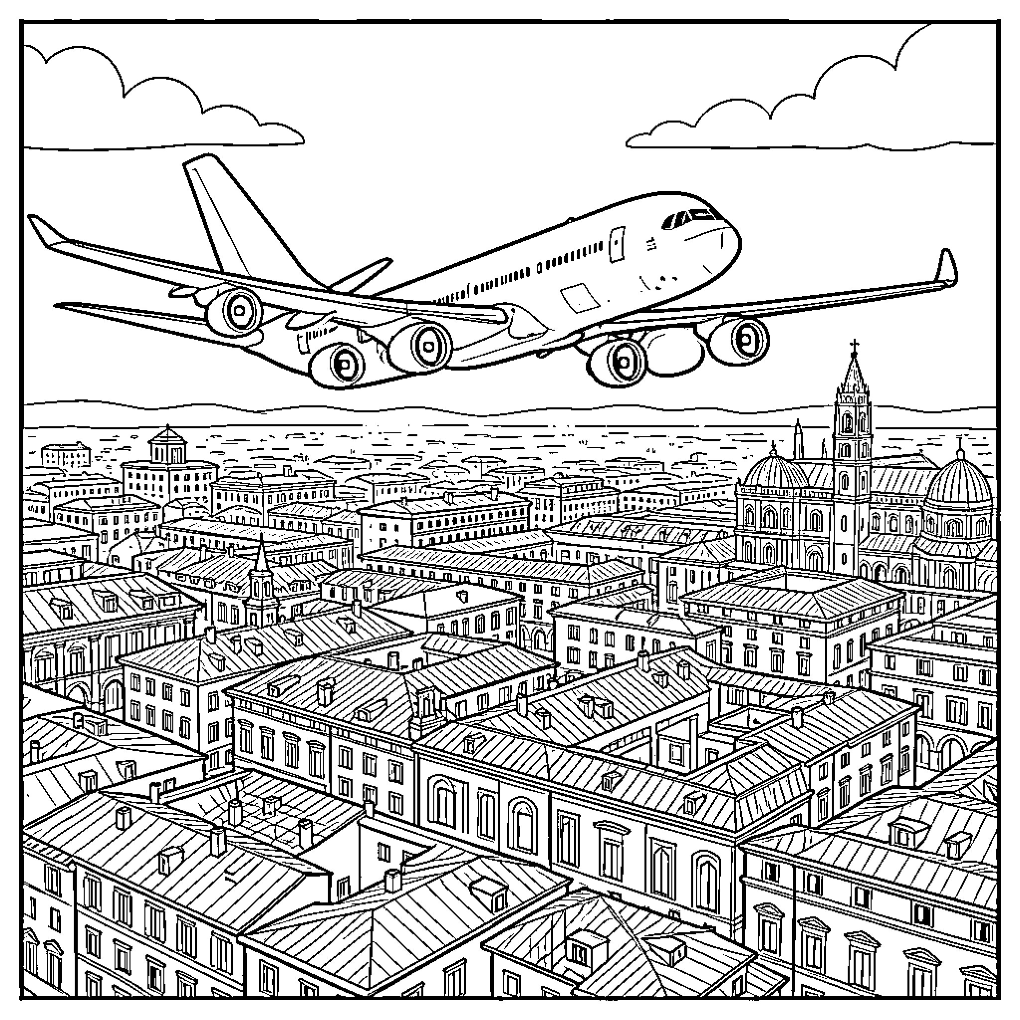 A380 airliner soaring over a detailed city landscape Coloring Page (free black-and-white line drawing printable PDF for all, from beginners to advanced learners, including children, teens, adults, and seniors)