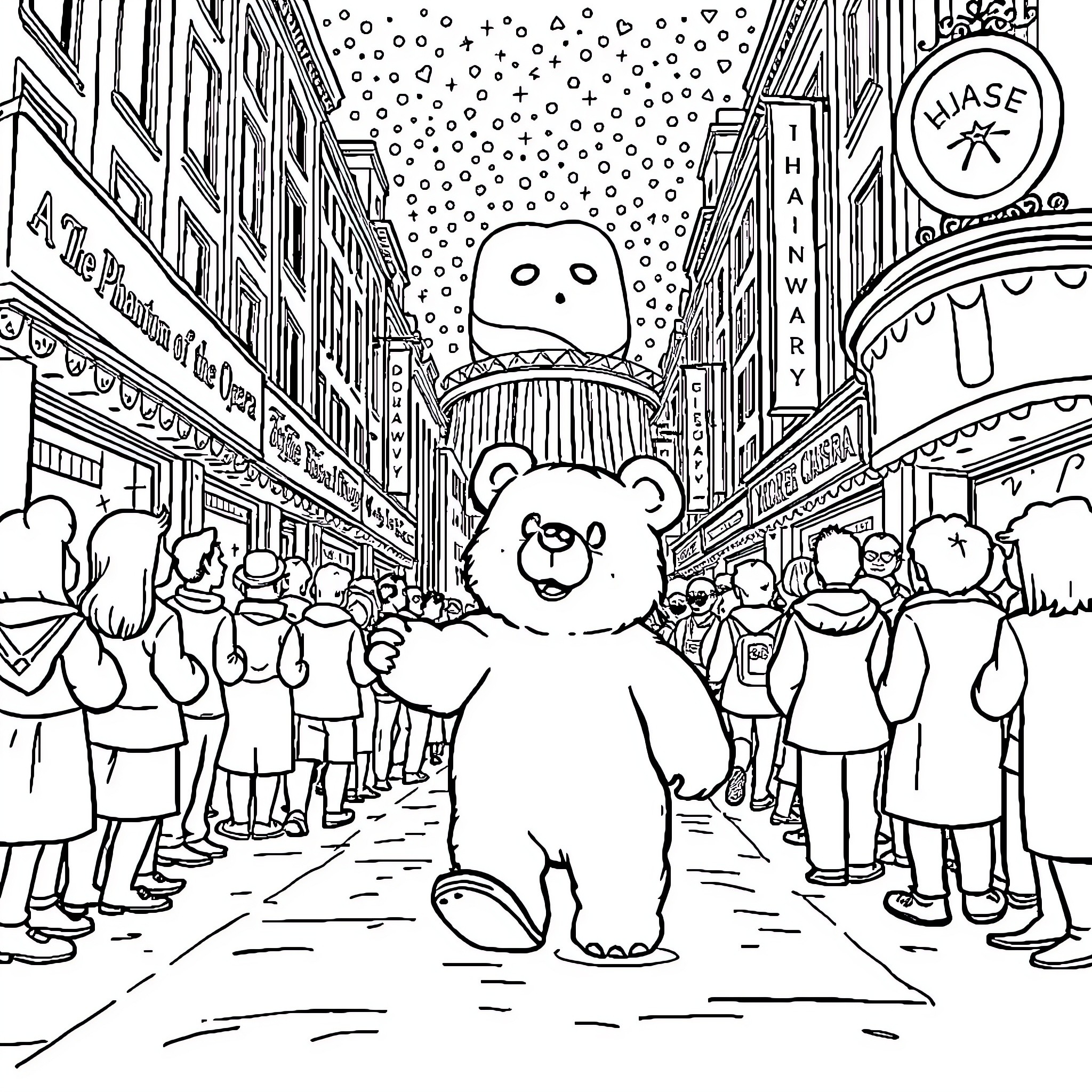 Bear walking through crowded city street Coloring Page (free black-and-white line drawing printable PDF for all, from beginners to advanced learners, including children, teens, adults, and seniors)