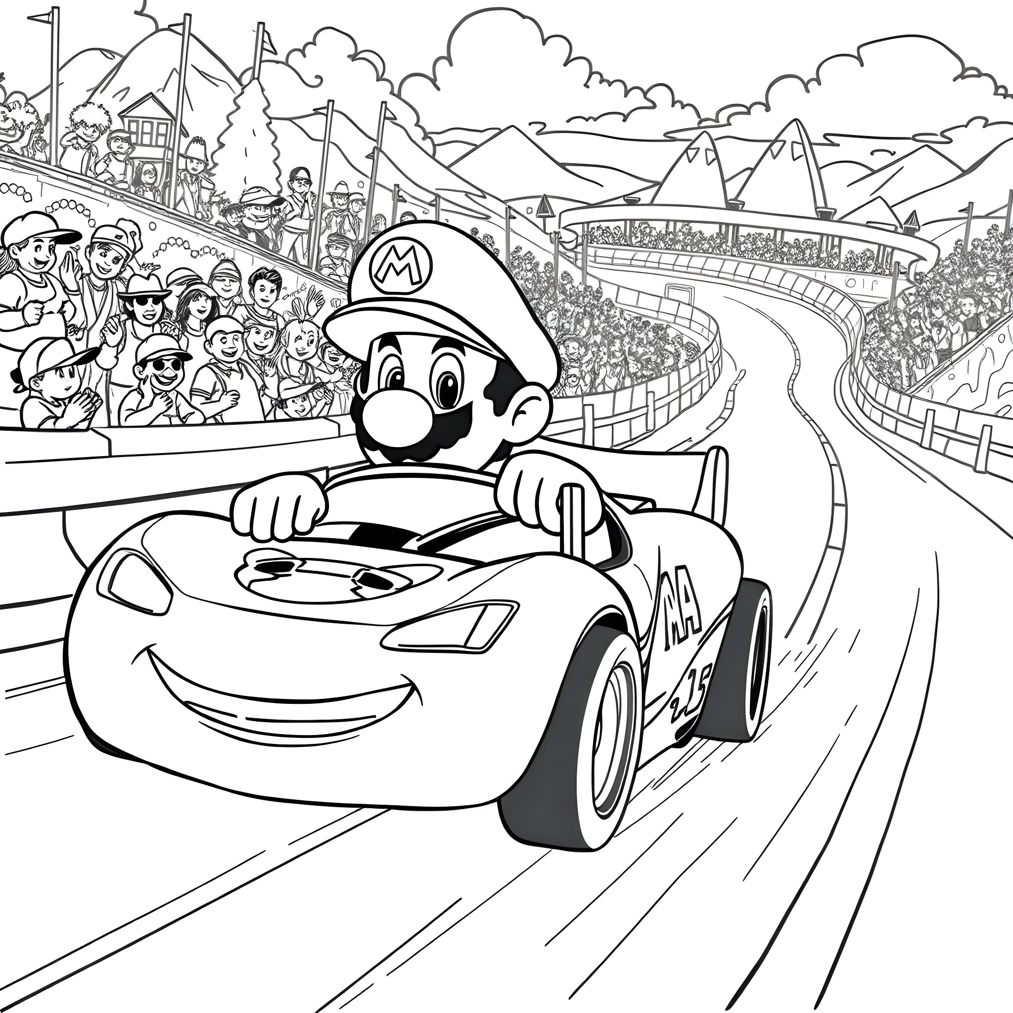 Mario racing his sports car through the winding track Coloring Page (free black-and-white line drawing printable PDF for all, from beginners to advanced learners, including children, teens, adults, and seniors)