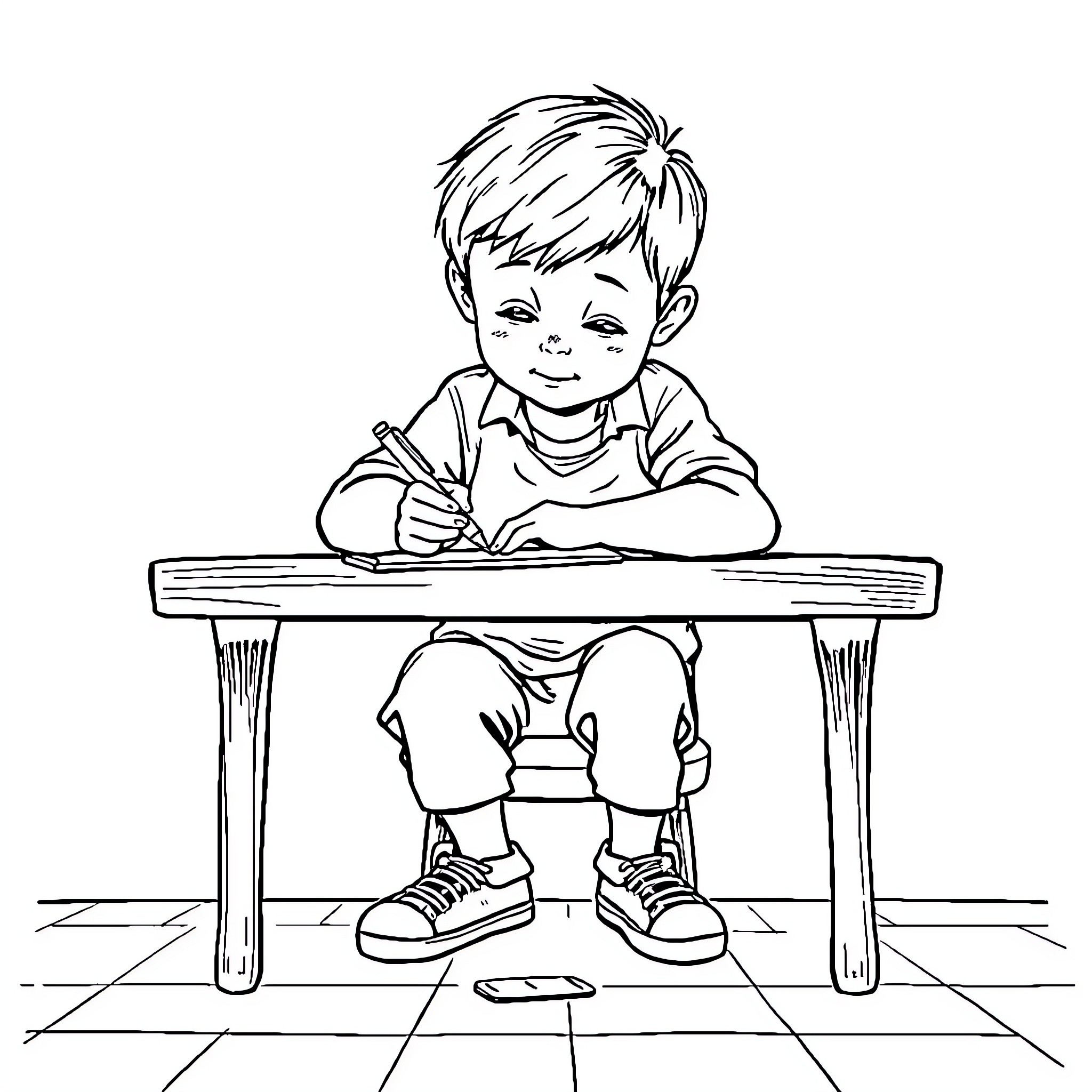 Boy diligently working at his desk Coloring Page (free black-and-white line drawing printable PDF for all, from beginners to advanced learners, including children, teens, adults, and seniors)