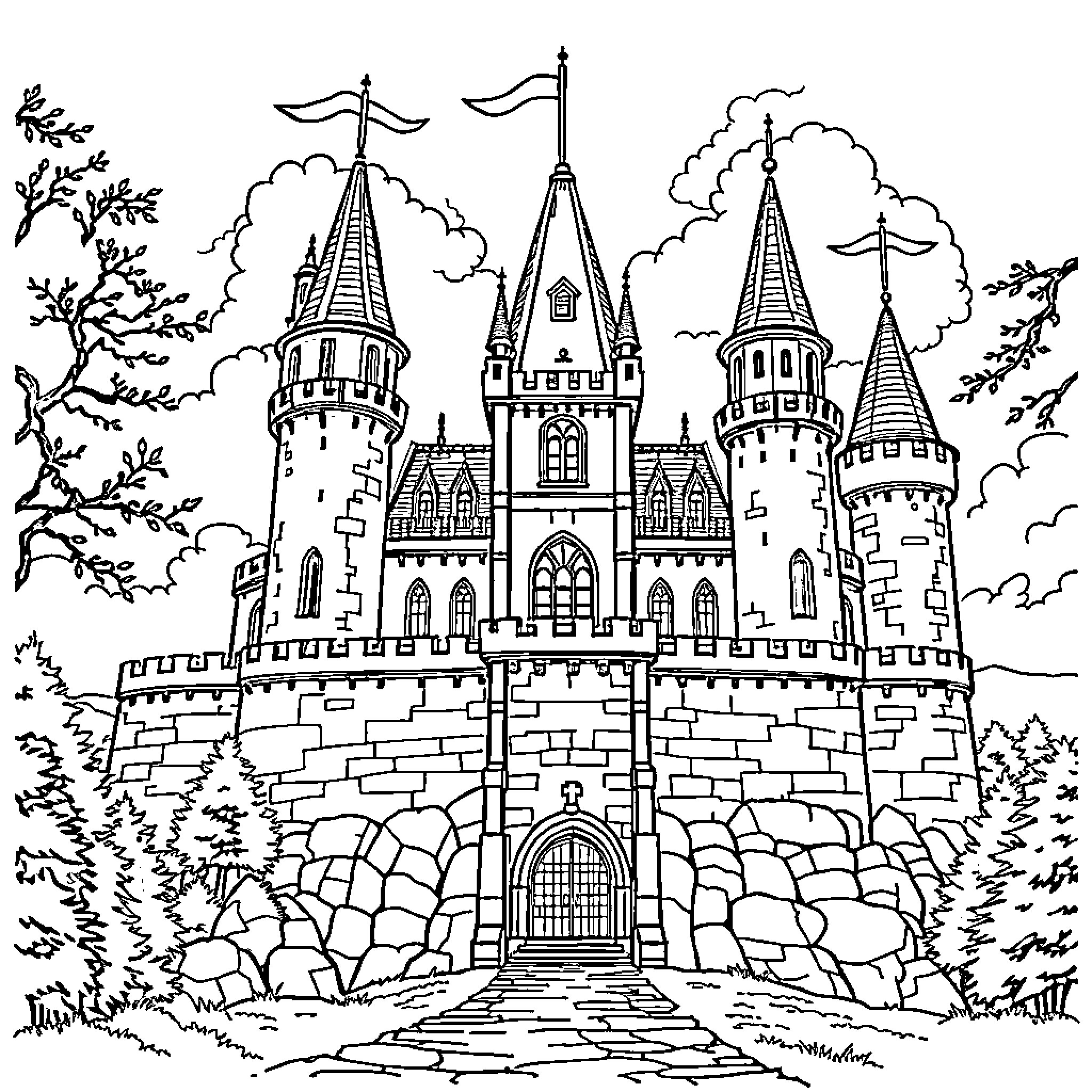 Castle with Majestic Towers and Stately Architecture Coloring Page (free black-and-white line drawing printable PDF for all, from beginners to advanced learners, including children, teens, adults, and seniors)