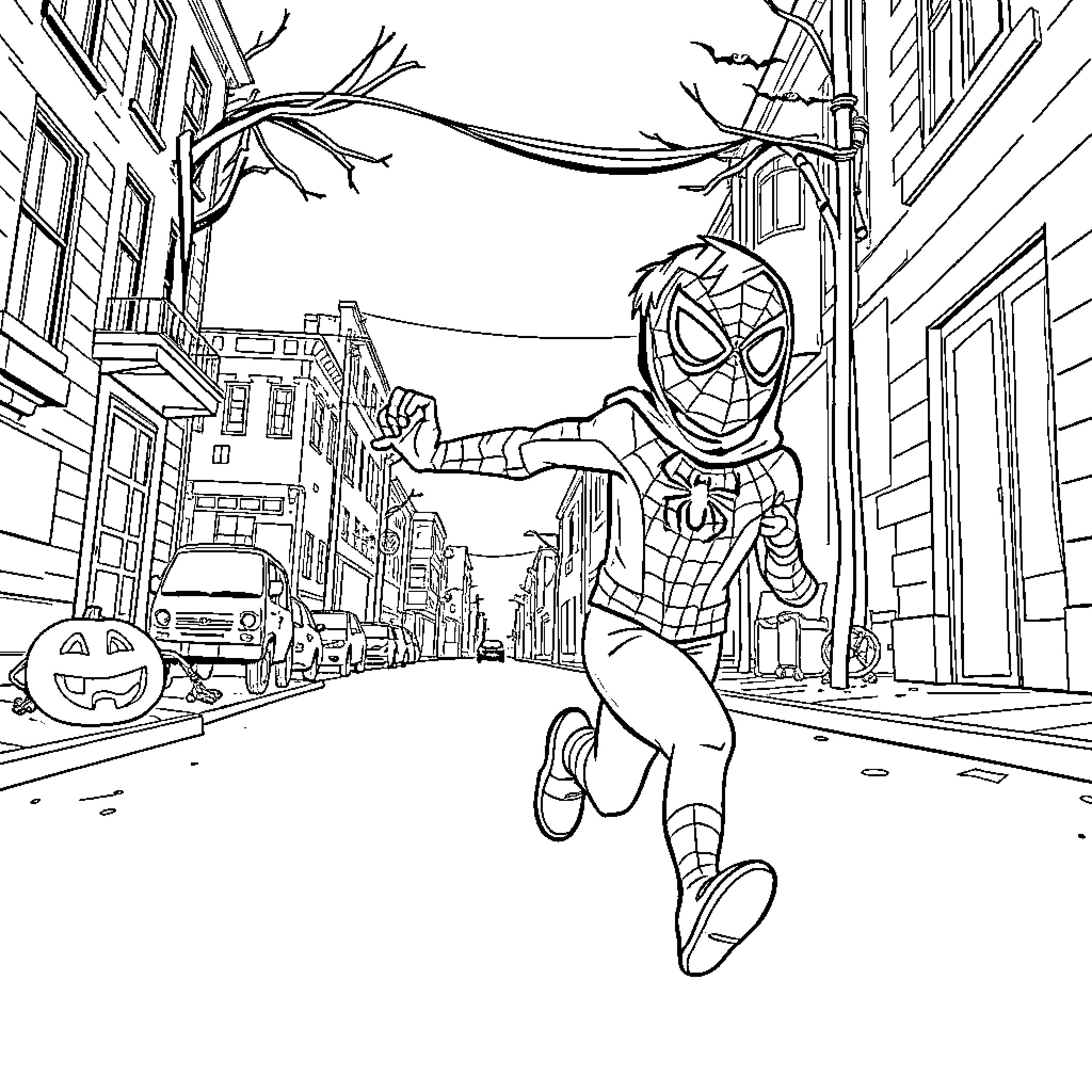 Spiderman swinging through the city streets Coloring Page (free black-and-white line drawing printable PDF for all, from beginners to advanced learners, including children, teens, adults, and seniors)