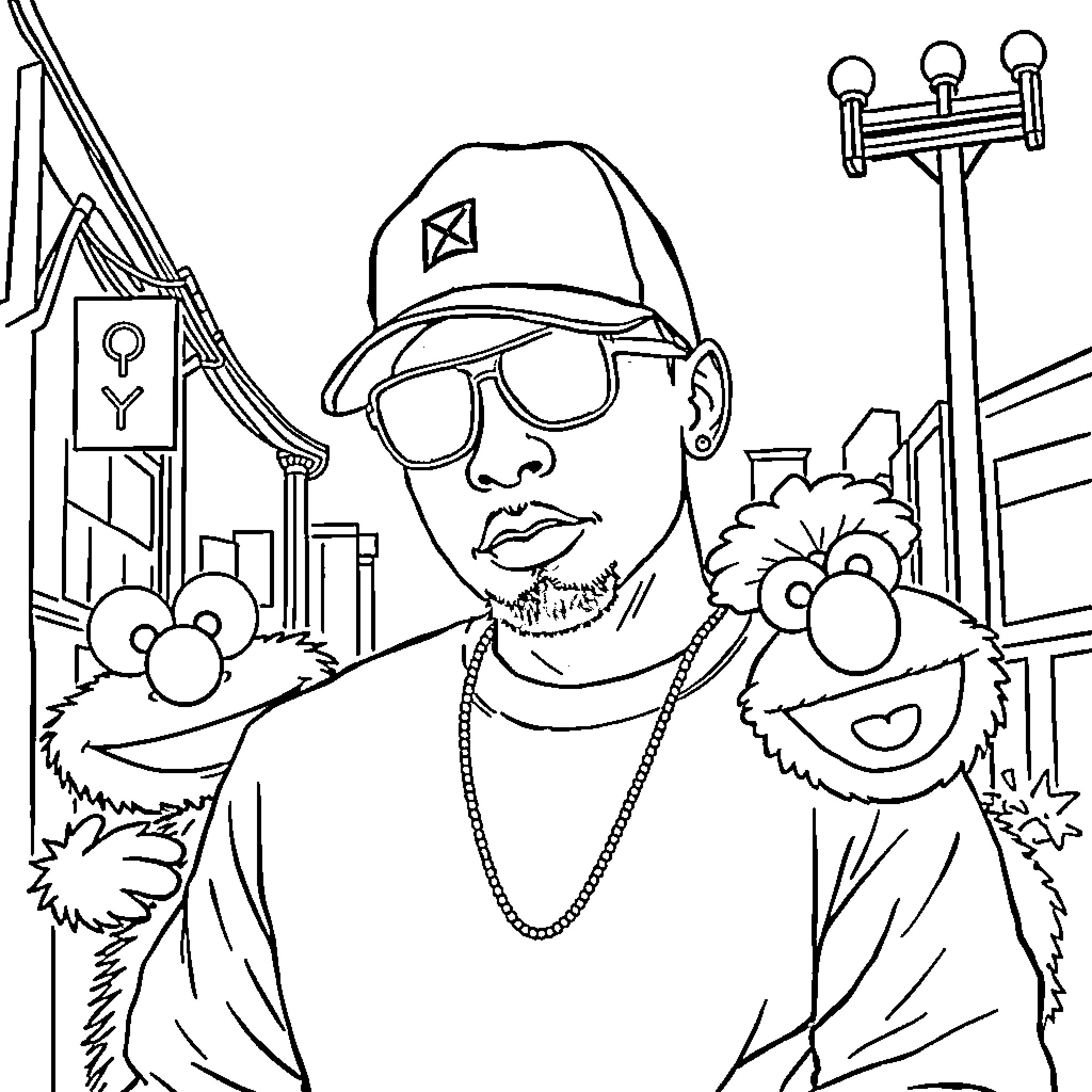 Eminem Poses with Iconic Muppet Companion Coloring Page (free black-and-white line drawing printable PDF for all, from beginners to advanced learners, including children, teens, adults, and seniors)