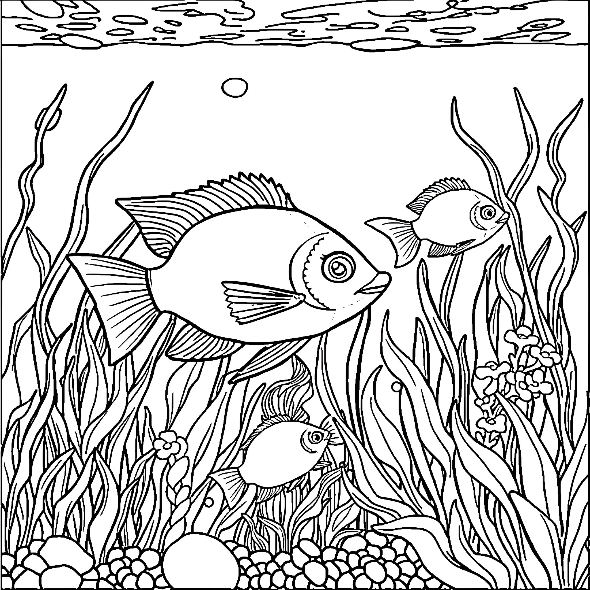 Angelfish swimming among aquatic plants Coloring Page (free black-and-white line drawing printable PDF for all, from beginners to advanced learners, including children, teens, adults, and seniors)