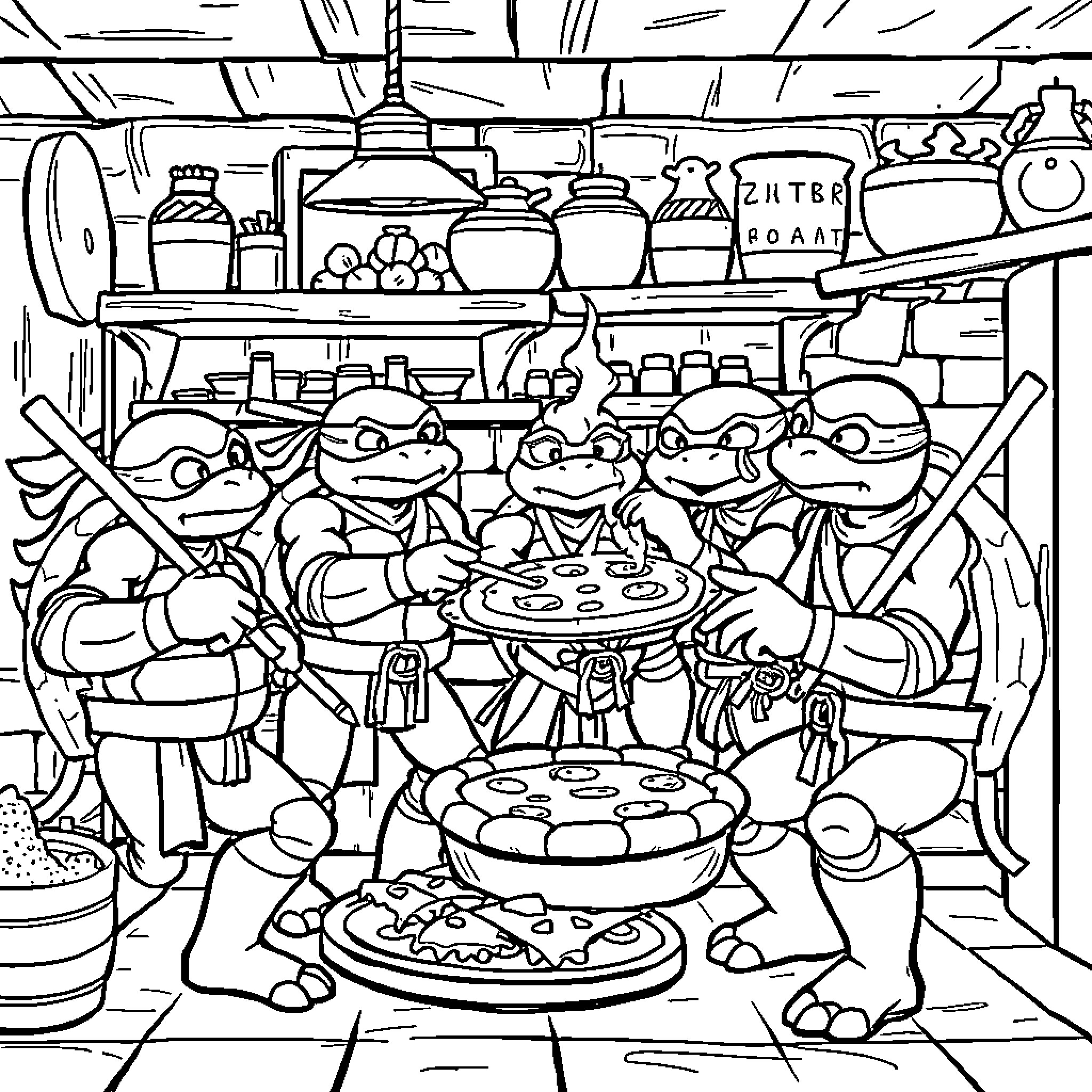 Ninja Turtles Enjoying a Delicious Pizza Feast Coloring Page (free black-and-white line drawing printable PDF for all, from beginners to advanced learners, including children, teens, adults, and seniors)