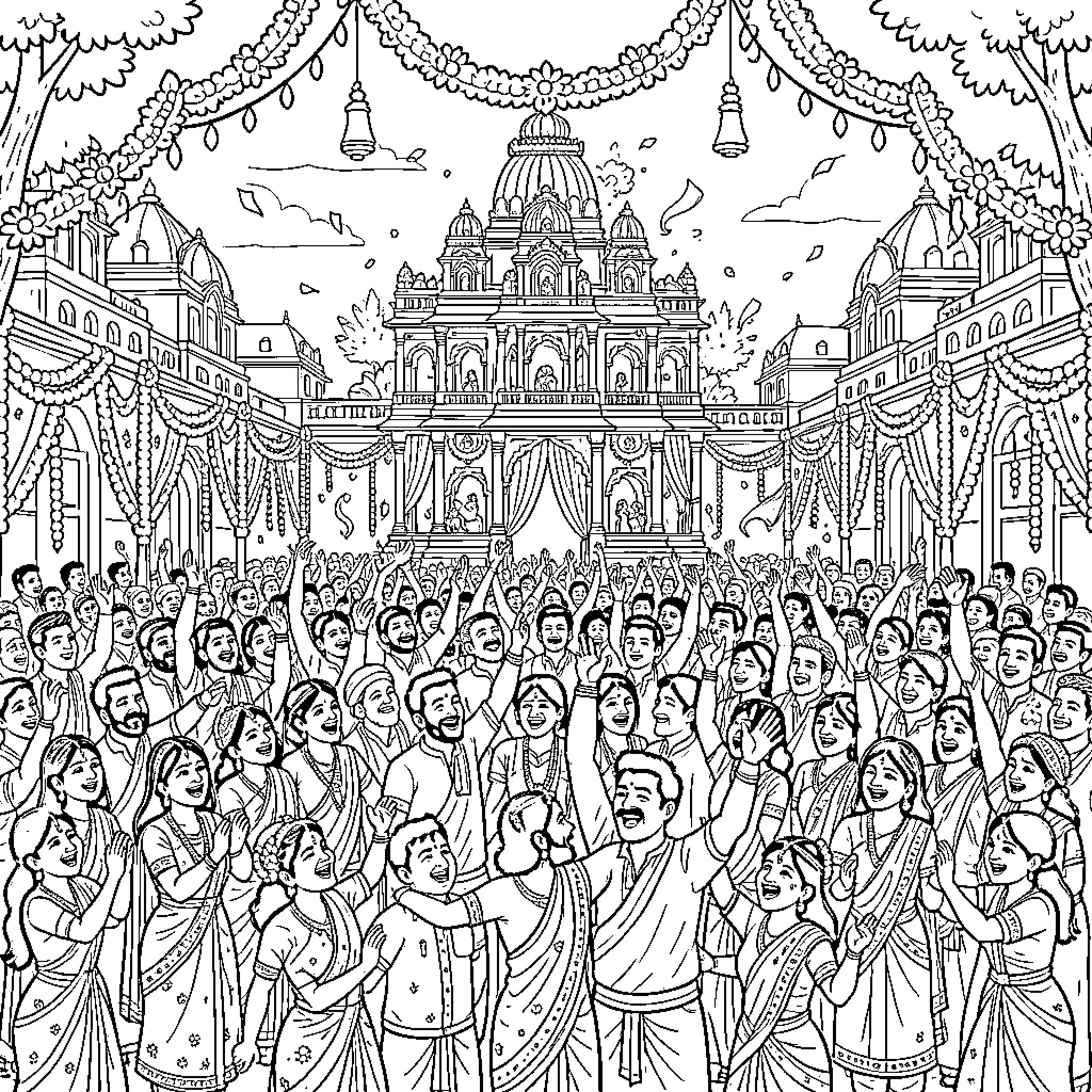 Dashera: Celebrating Vibrant Culture and Tradition Coloring Page (free black-and-white line drawing printable PDF for all, from beginners to advanced learners, including children, teens, adults, and seniors)
