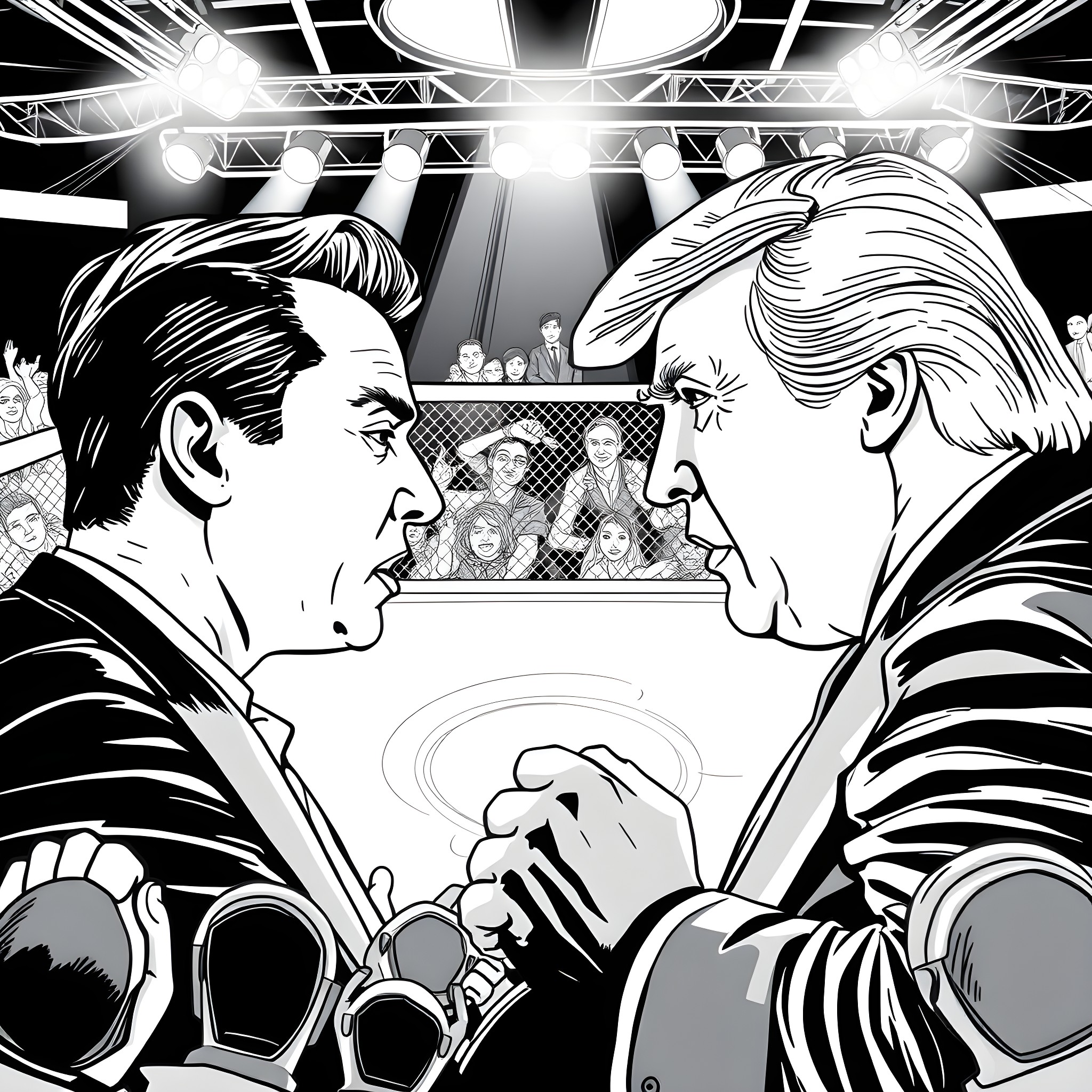 Elon Musk and opponent in intense boxing match Coloring Page (free black-and-white line drawing printable PDF for all, from beginners to advanced learners, including children, teens, adults, and seniors)