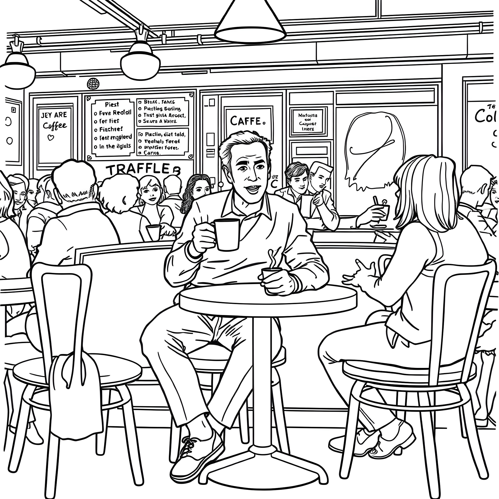 Jerry Seinfeld enjoying coffee in a bustling cafe Coloring Page (free black-and-white line drawing printable PDF for all, from beginners to advanced learners, including children, teens, adults, and seniors)