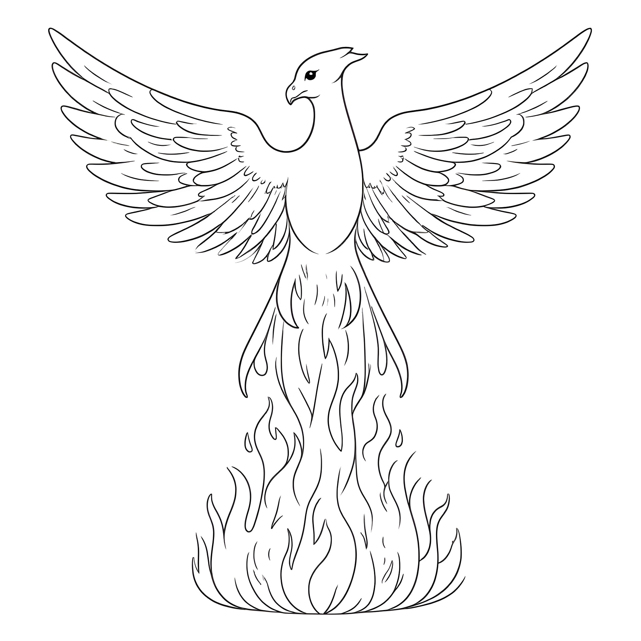 Phoenix rising from the flames Coloring Page (free black-and-white line drawing printable PDF for all, from beginners to advanced learners, including children, teens, adults, and seniors)