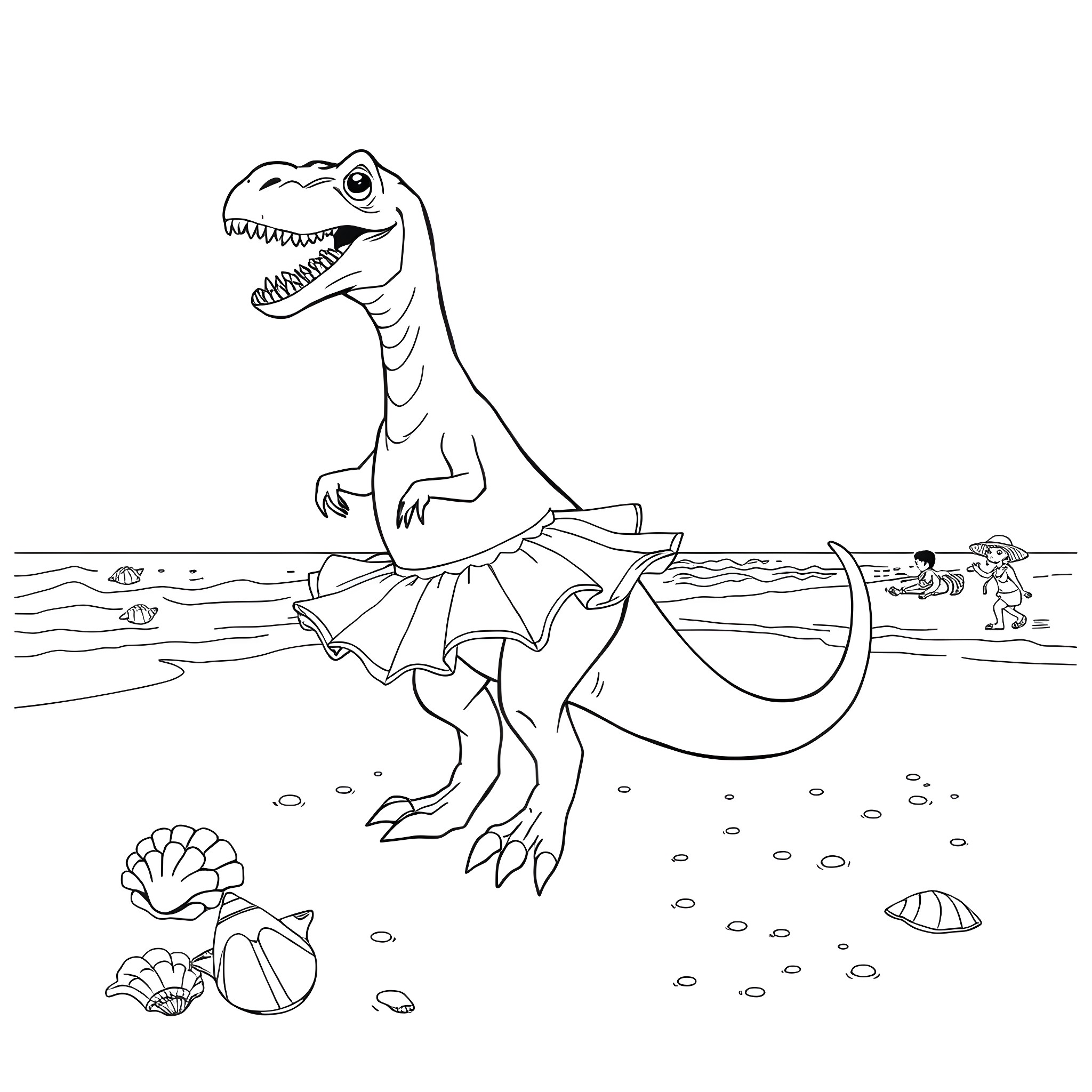 Dinosaur splashing joyfully in the ocean Coloring Page (free black-and-white line drawing printable PDF for all, from beginners to advanced learners, including children, teens, adults, and seniors)