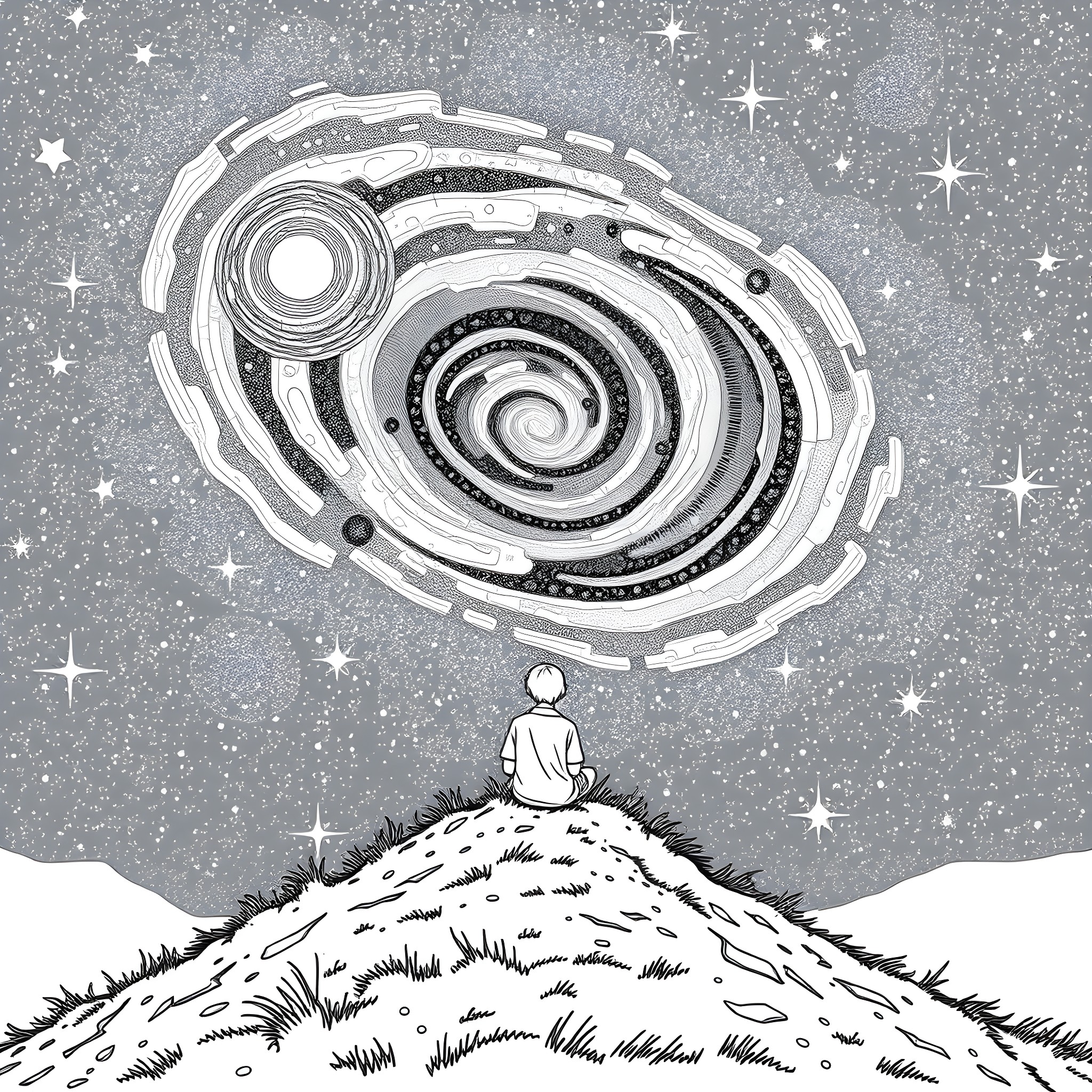 Guy gazing at the cosmic swirl in the night sky Coloring Page (free black-and-white line drawing printable PDF for all, from beginners to advanced learners, including children, teens, adults, and seniors)