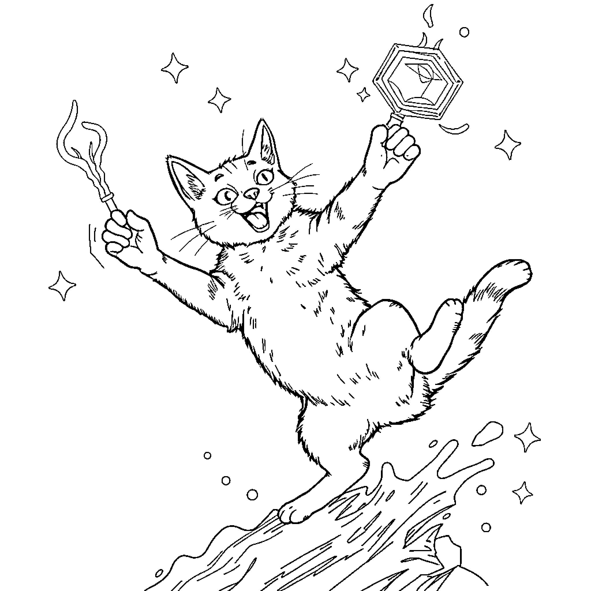 Gato summoning cosmic energy with floating crystal Coloring Page (free black-and-white line drawing printable PDF for all, from beginners to advanced learners, including children, teens, adults, and seniors)