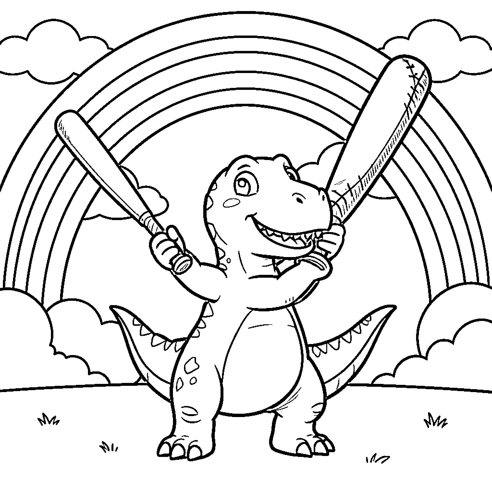 Dinosaur playing baseball in the park Coloring Page (free black-and-white line drawing printable PDF for all, from beginners to advanced learners, including children, teens, adults, and seniors)