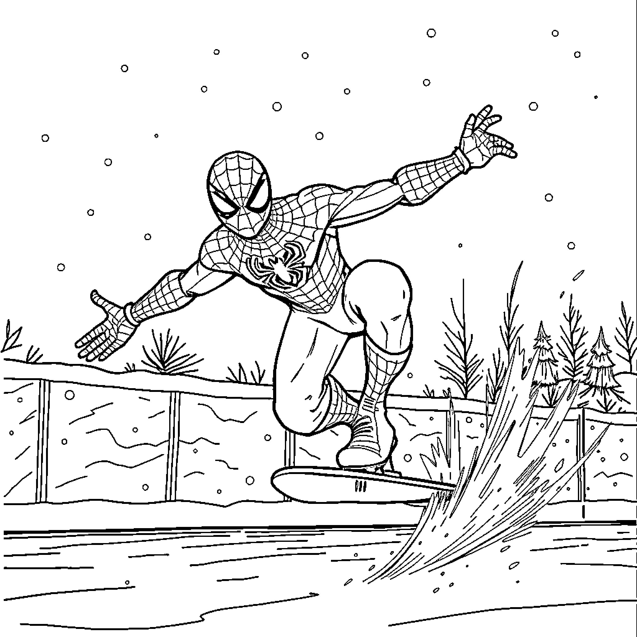 Spiderman swinging through the snowy landscape Coloring Page (free black-and-white line drawing printable PDF for all, from beginners to advanced learners, including children, teens, adults, and seniors)