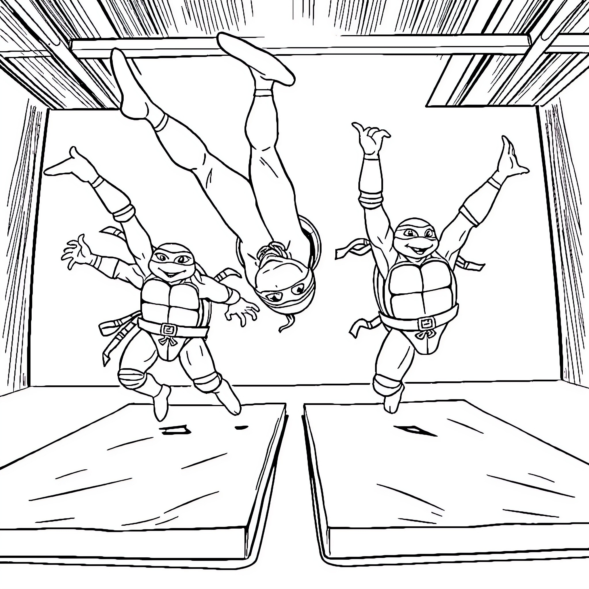Ninja Turtles performing acrobatic stunts Coloring Page (free black-and-white line drawing printable PDF for all, from beginners to advanced learners, including children, teens, adults, and seniors)