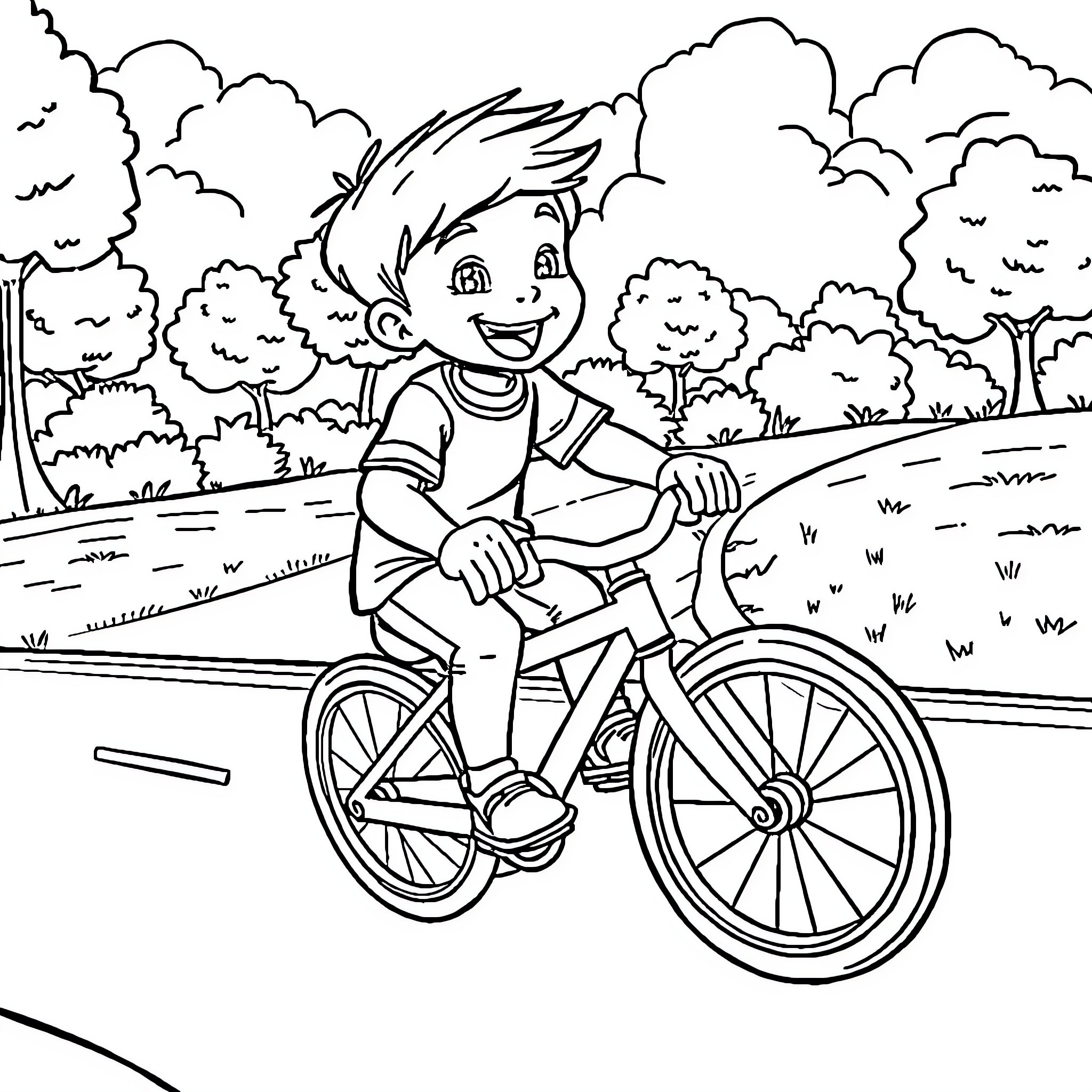 Boy riding bicycle in forest scene Coloring Page (free black-and-white line drawing printable PDF for all, from beginners to advanced learners, including children, teens, adults, and seniors)