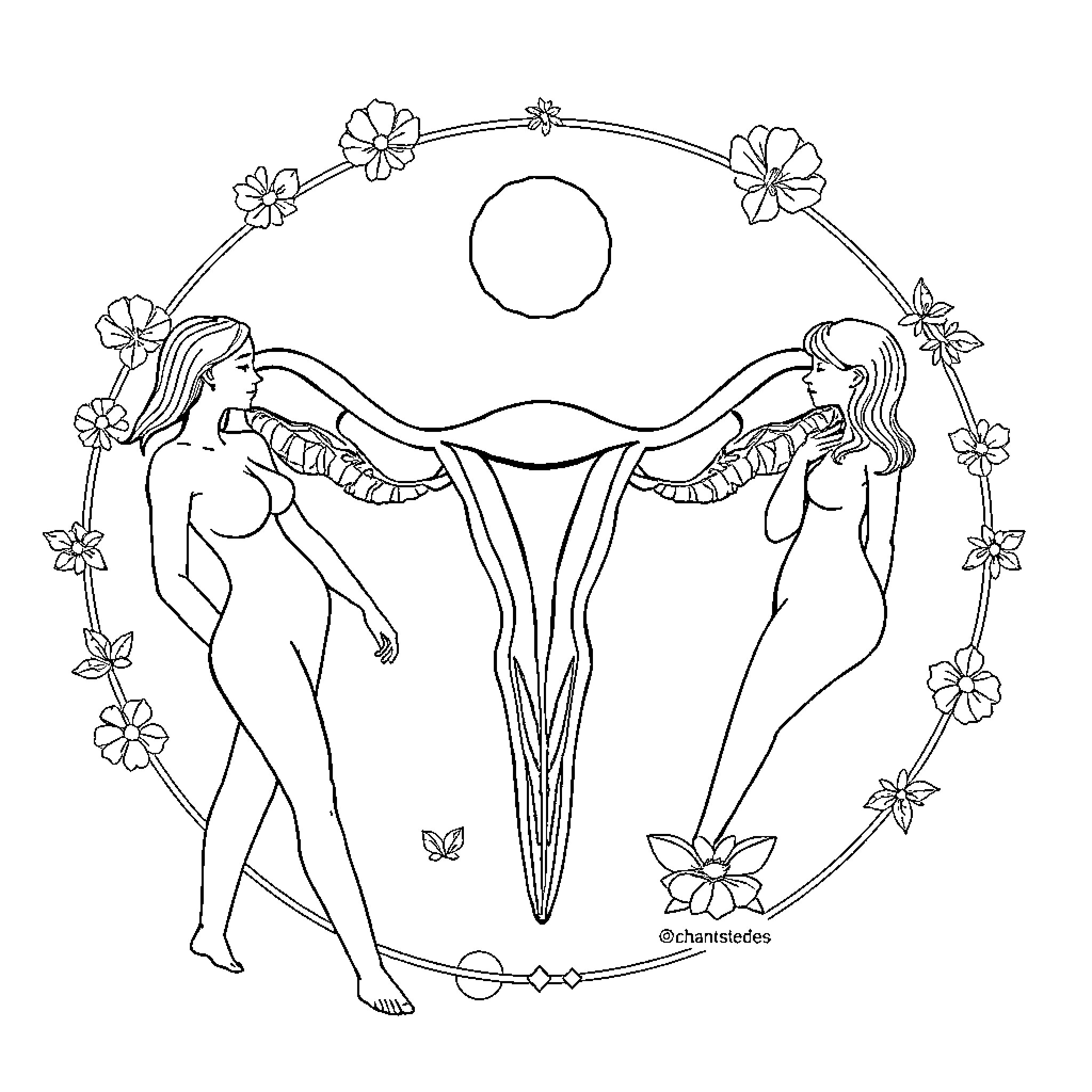 Menstruation: Two nude female figures embracing within floral frame Coloring Page (free black-and-white line drawing printable PDF for all, from beginners to advanced learners, including children, teens, adults, and seniors)