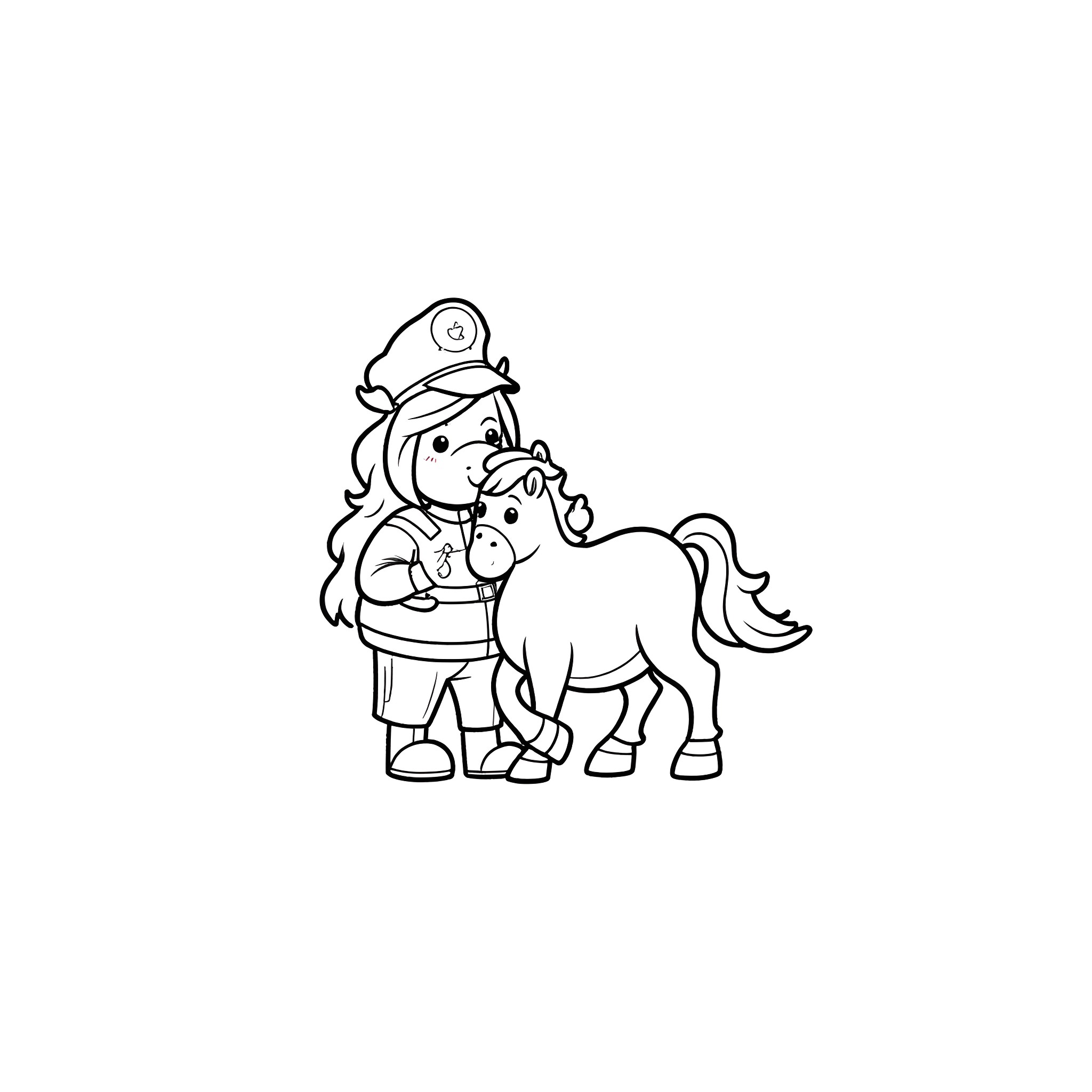 Unicorn with cheerful rider in uniform Coloring Page (free black-and-white line drawing printable PDF for all, from beginners to advanced learners, including children, teens, adults, and seniors)