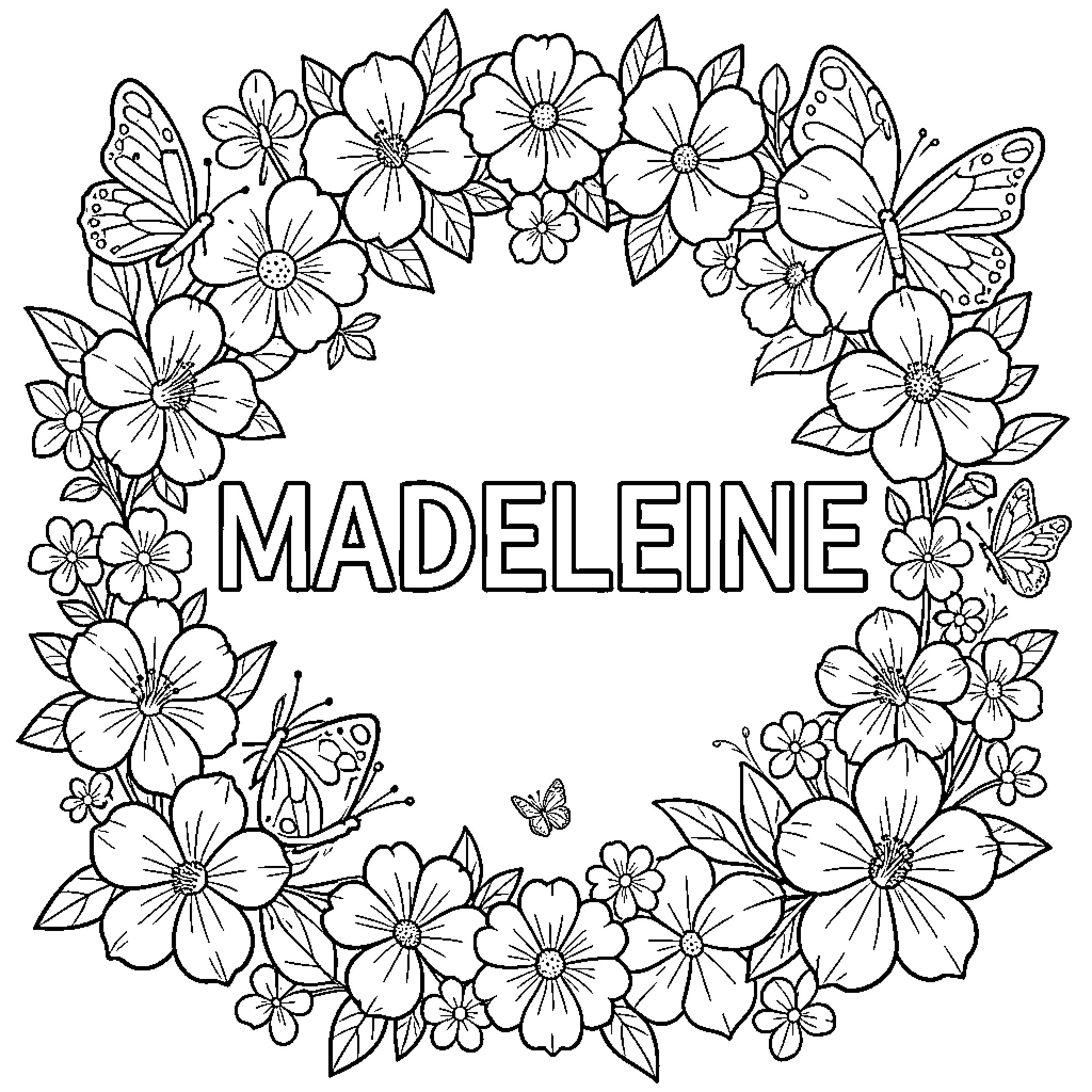 Madeleine surrounded by a wreath of flowers and butterflies Coloring Page (free black-and-white line drawing printable PDF for all, from beginners to advanced learners, including children, teens, adults, and seniors)