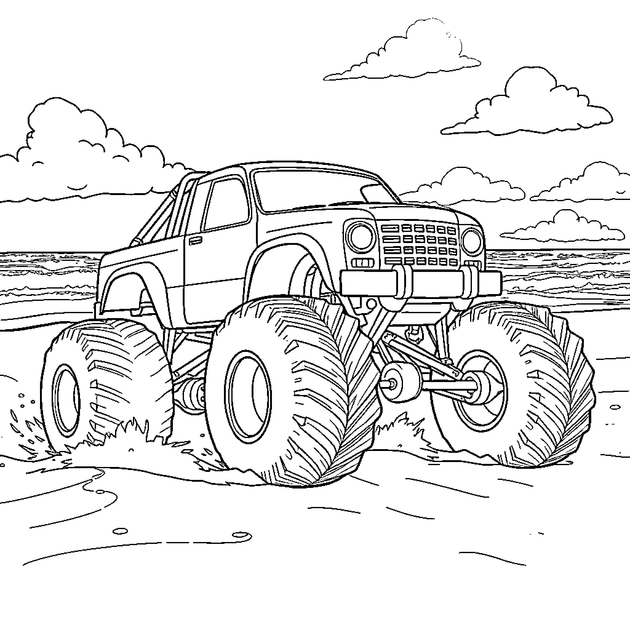 Monster Truck Crushing Through the Terrain Coloring Page (free black-and-white line drawing printable PDF for all, from beginners to advanced learners, including children, teens, adults, and seniors)