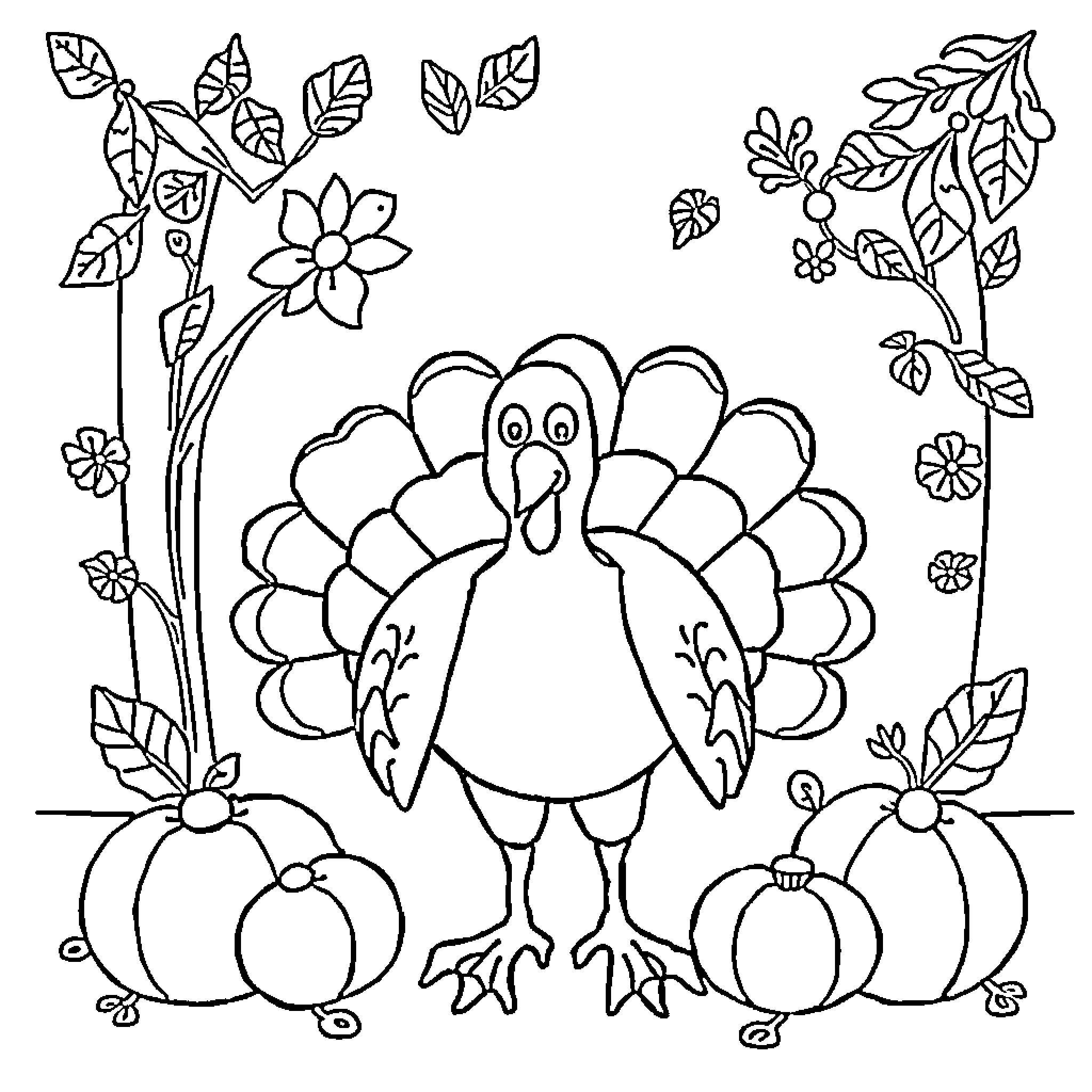 Thanksgiving turkey amidst fall foliage and pumpkins Coloring Page (free black-and-white line drawing printable PDF for all, from beginners to advanced learners, including children, teens, adults, and seniors)