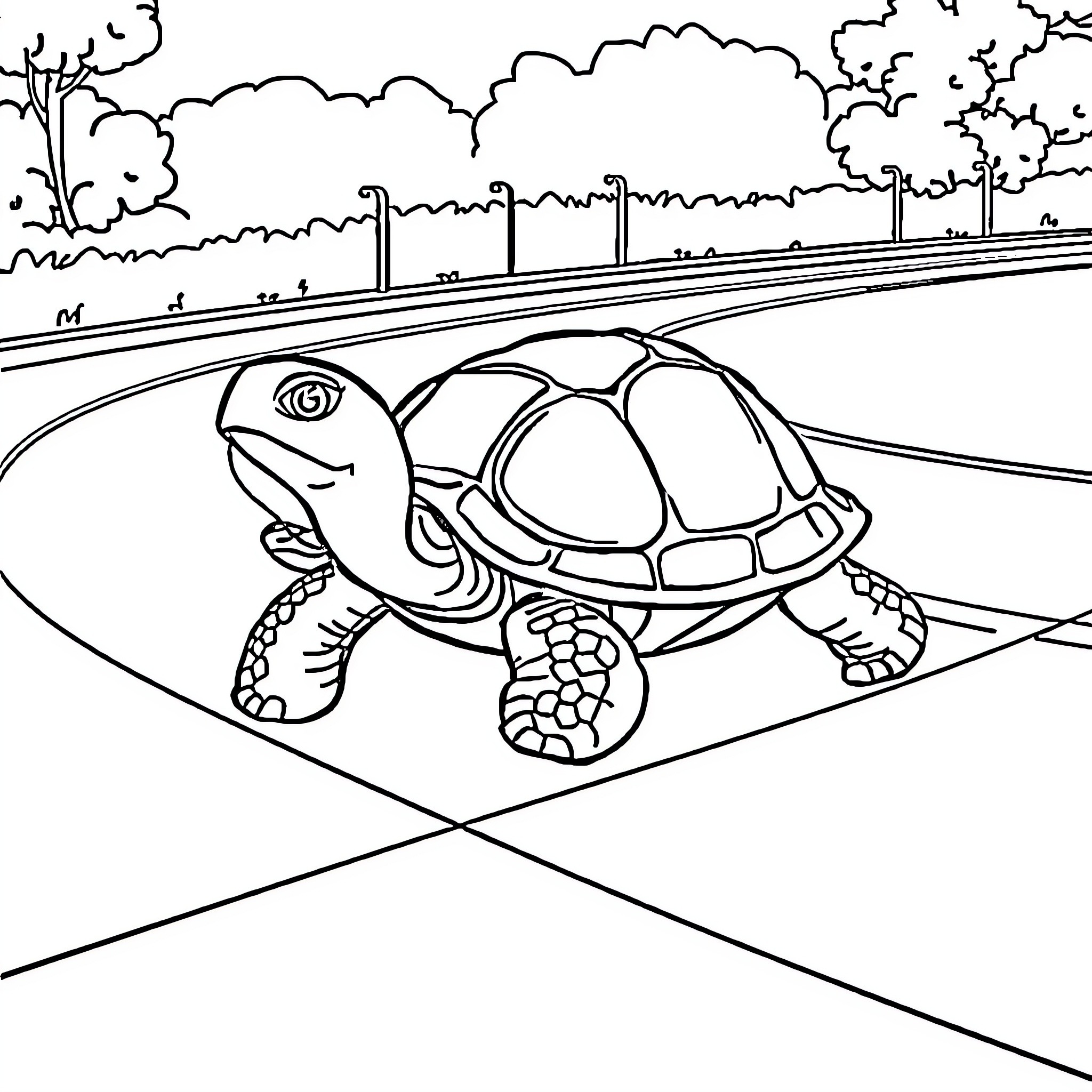 Turtle crossing the road on a scenic trail Coloring Page (free black-and-white line drawing printable PDF for all, from beginners to advanced learners, including children, teens, adults, and seniors)