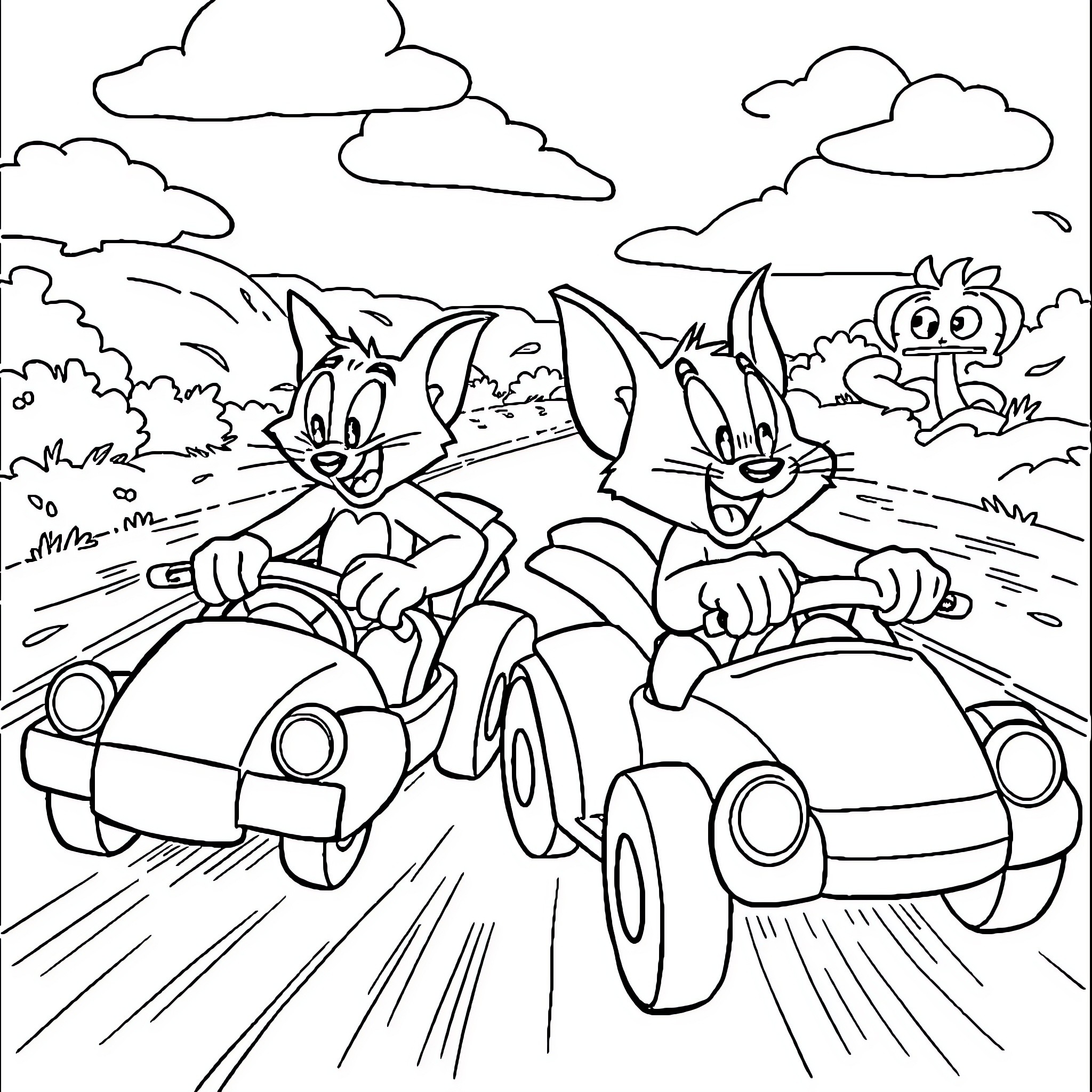 Tom and Jerry's Reckless Road Race Coloring Page (free black-and-white line drawing printable PDF for all, from beginners to advanced learners, including children, teens, adults, and seniors)