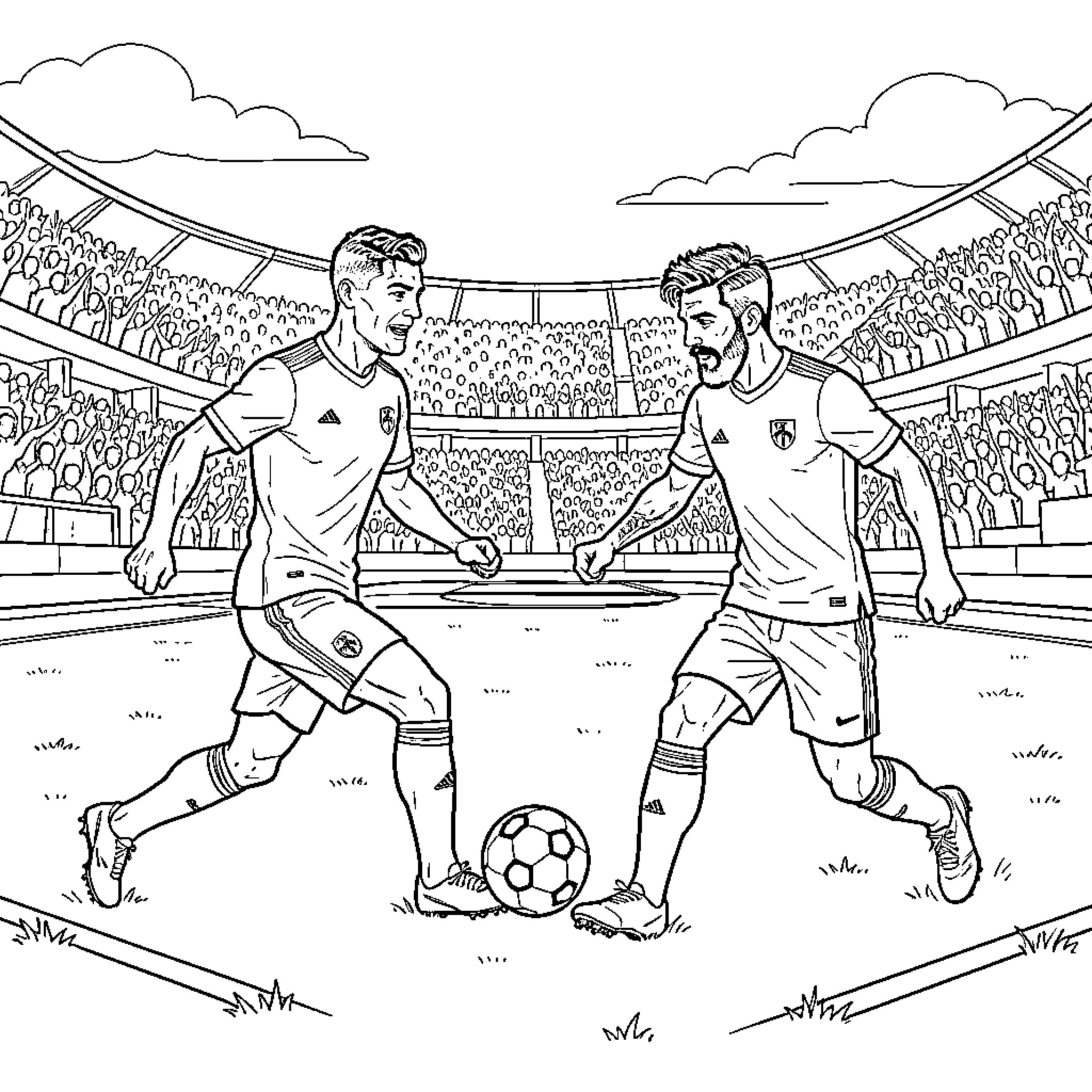 Ronaldo dribbling a soccer ball during a match Coloring Page (free black-and-white line drawing printable PDF for all, from beginners to advanced learners, including children, teens, adults, and seniors)