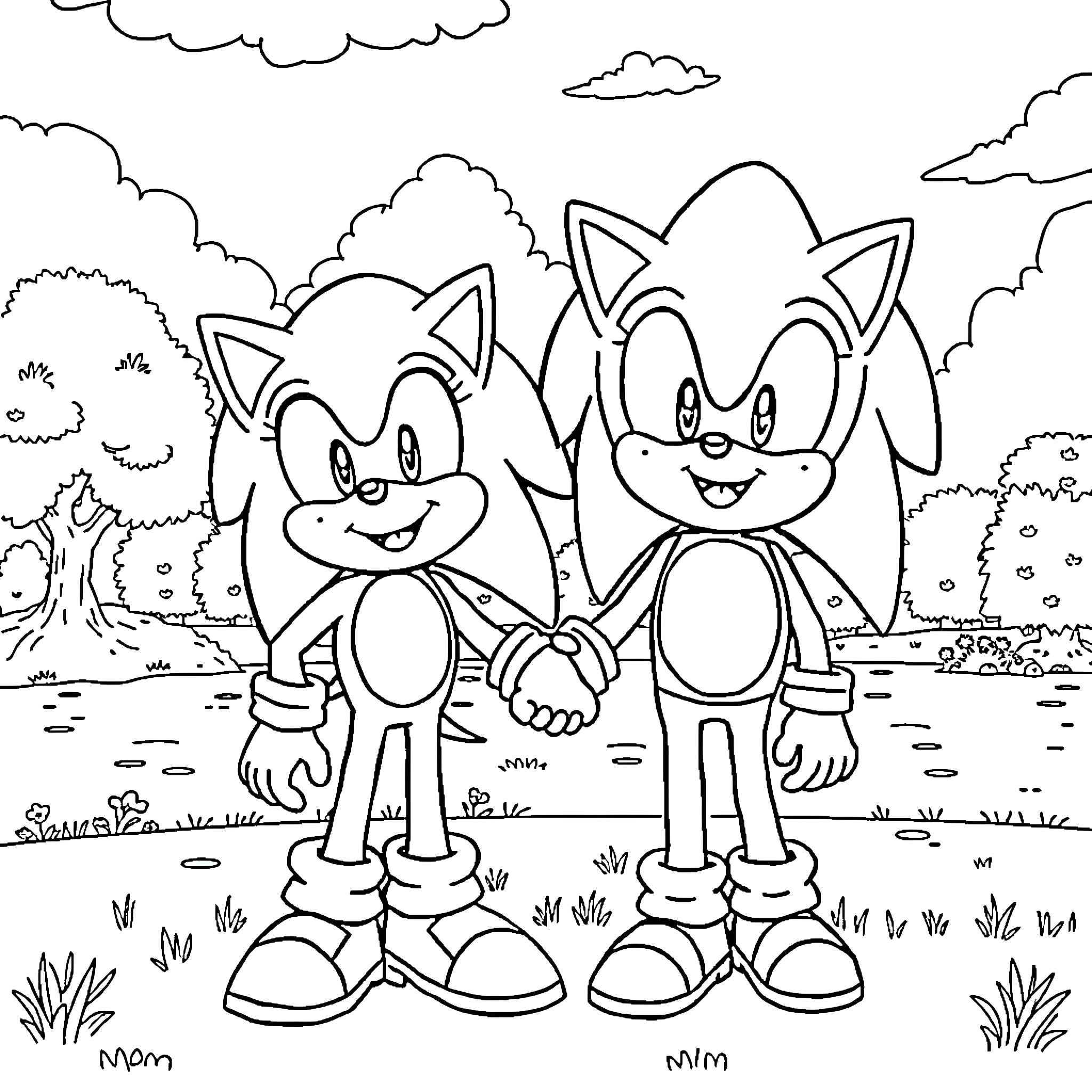 Sonic and his friend in a happy outdoor scene Coloring Page (free black-and-white line drawing printable PDF for all, from beginners to advanced learners, including children, teens, adults, and seniors)