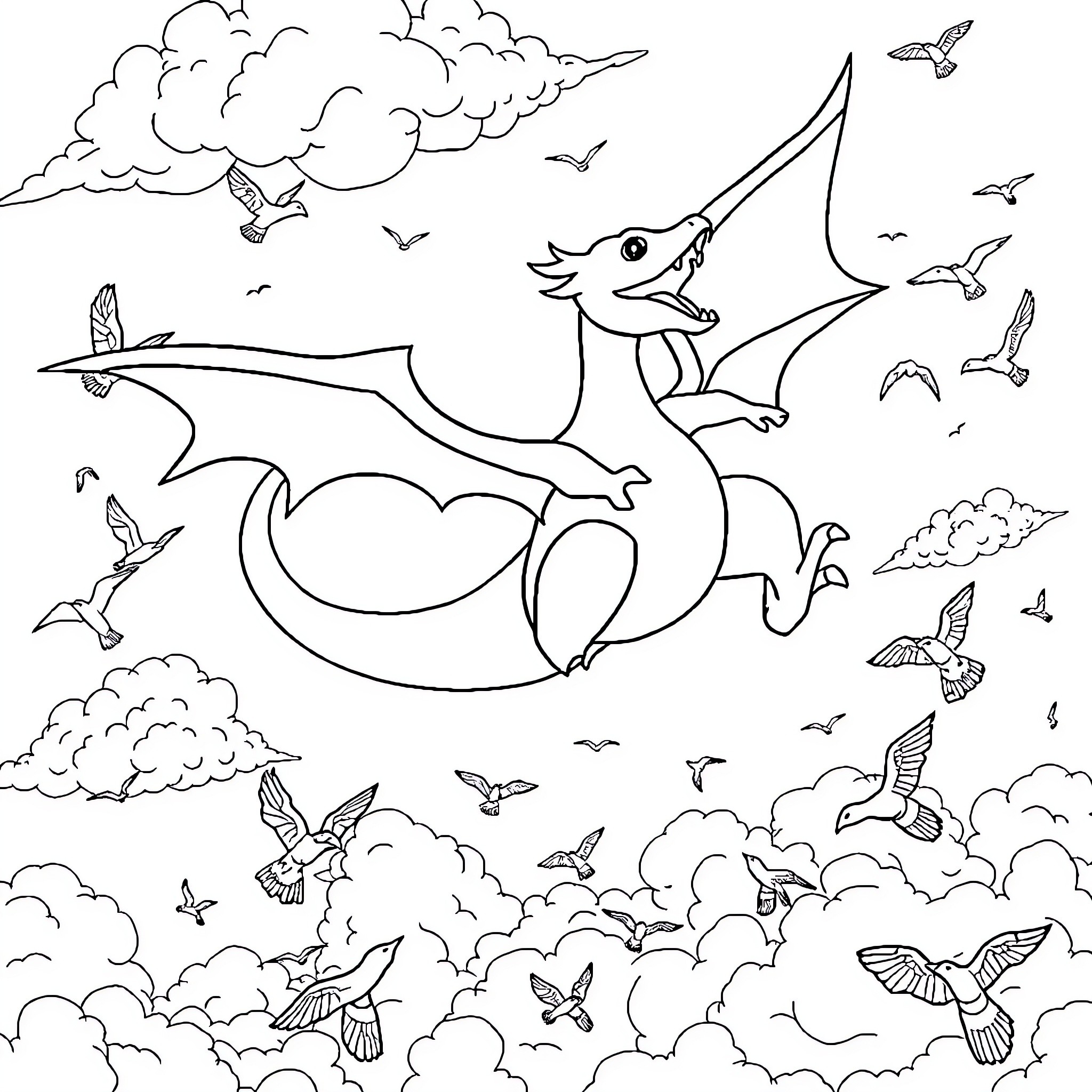 Charizard soaring through the cloudy skies with birds Coloring Page (free black-and-white line drawing printable PDF for all, from beginners to advanced learners, including children, teens, adults, and seniors)