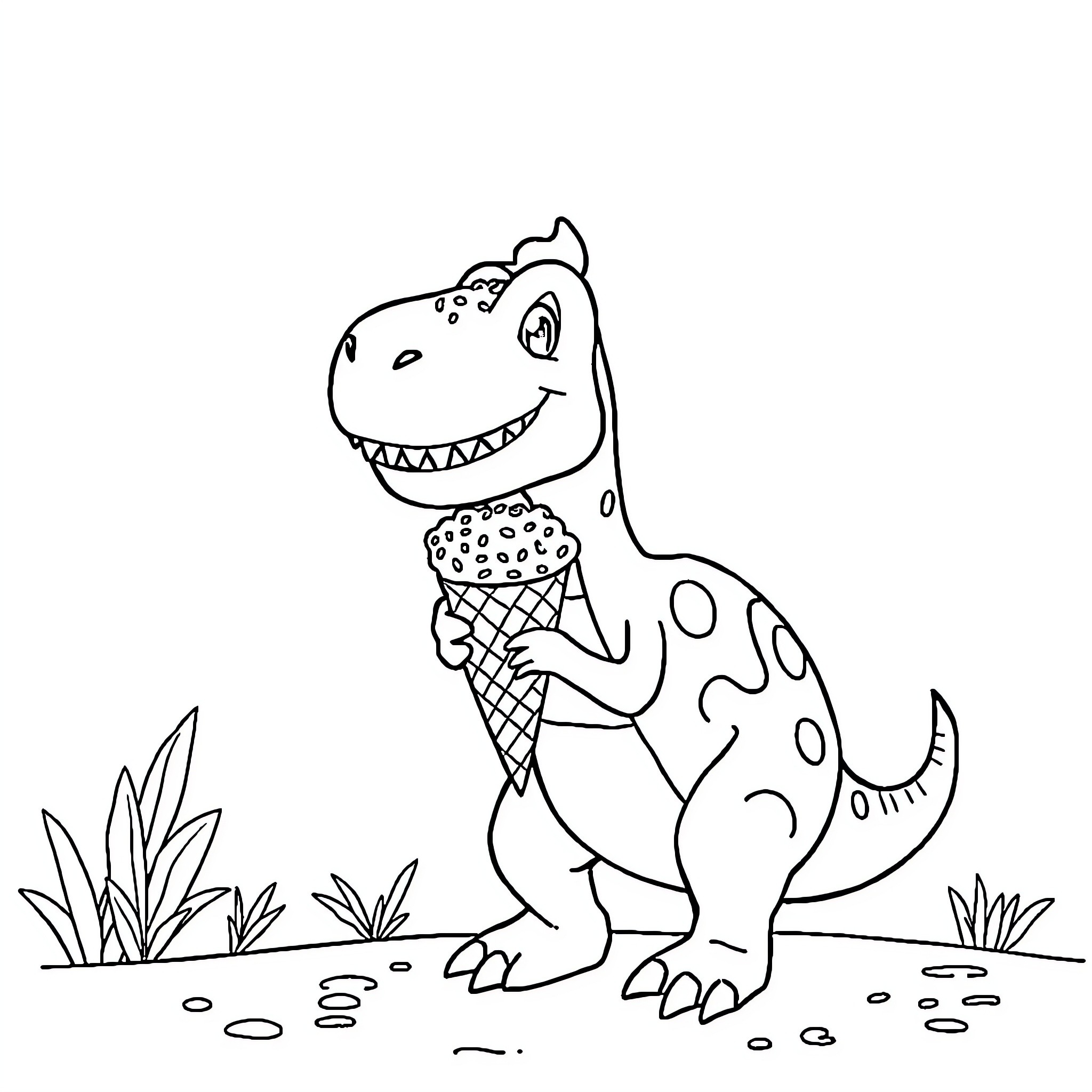Dinosaur eating an ice cream cone Coloring Page (free black-and-white line drawing printable PDF for all, from beginners to advanced learners, including children, teens, adults, and seniors)