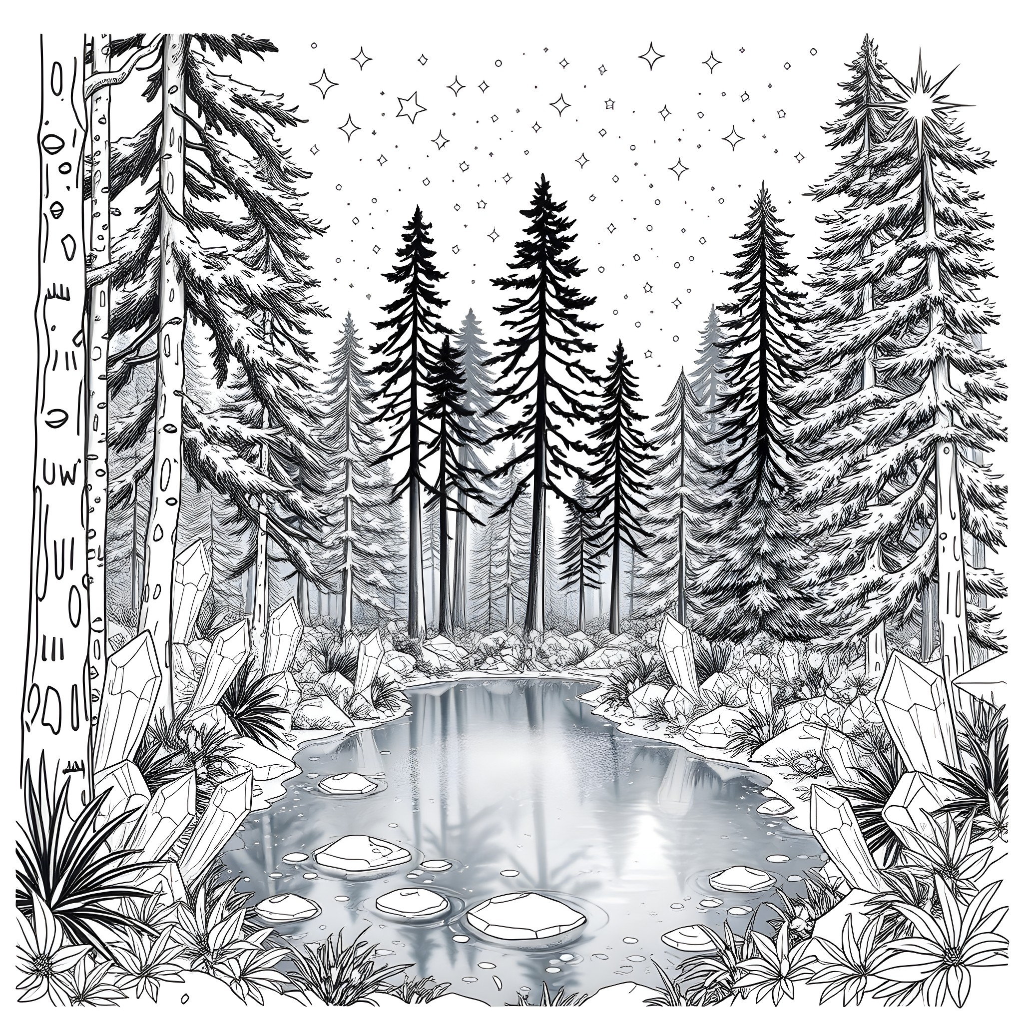 Forest Scene with Snowy Landscape and Tranquil Pond Coloring Page (free black-and-white line drawing printable PDF for all, from beginners to advanced learners, including children, teens, adults, and seniors)