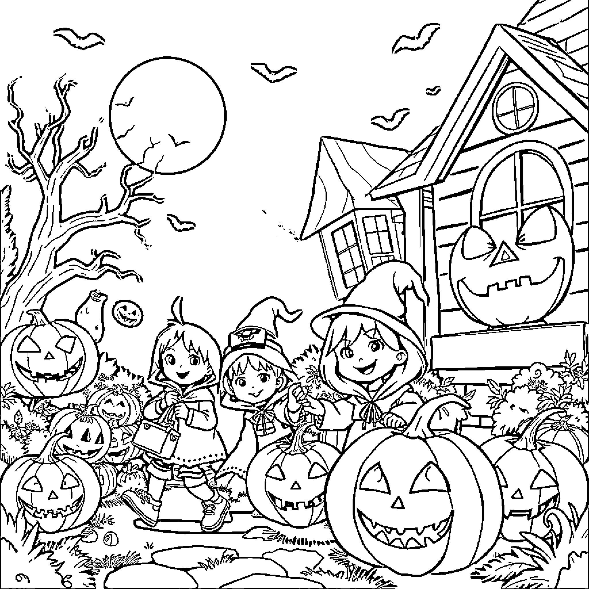 Halloween Costumes and Pumpkins in the Spooky Night Coloring Page (free black-and-white line drawing printable PDF for all, from beginners to advanced learners, including children, teens, adults, and seniors)