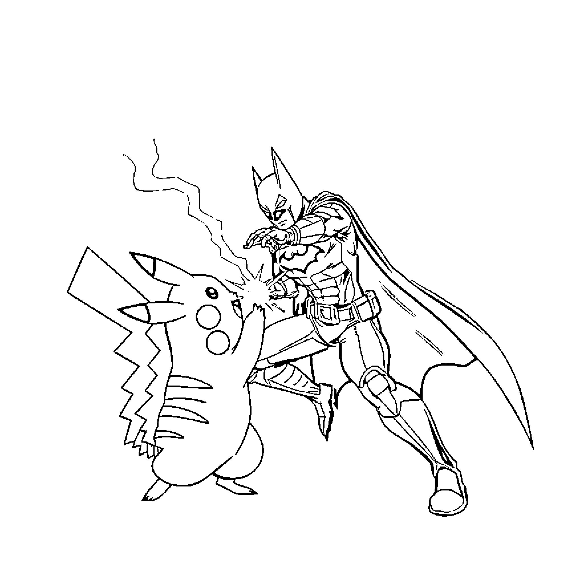 Batman battling a fierce Pikachu monster Coloring Page (free black-and-white line drawing printable PDF for all, from beginners to advanced learners, including children, teens, adults, and seniors)