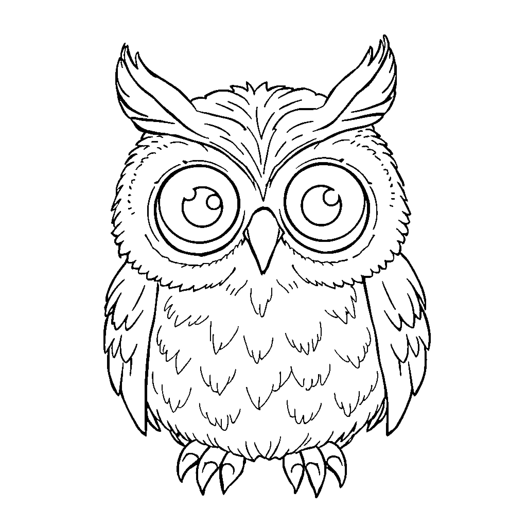 Owl with large eyes and feathery wings Coloring Page (free black-and-white line drawing printable PDF for all, from beginners to advanced learners, including children, teens, adults, and seniors)