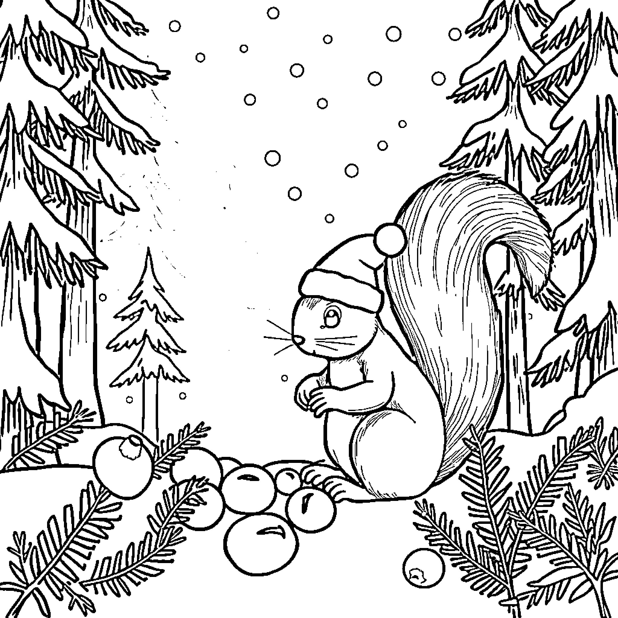 Squirrel gathering acorns in snowy forest Coloring Page (free black-and-white line drawing printable PDF for all, from beginners to advanced learners, including children, teens, adults, and seniors)
