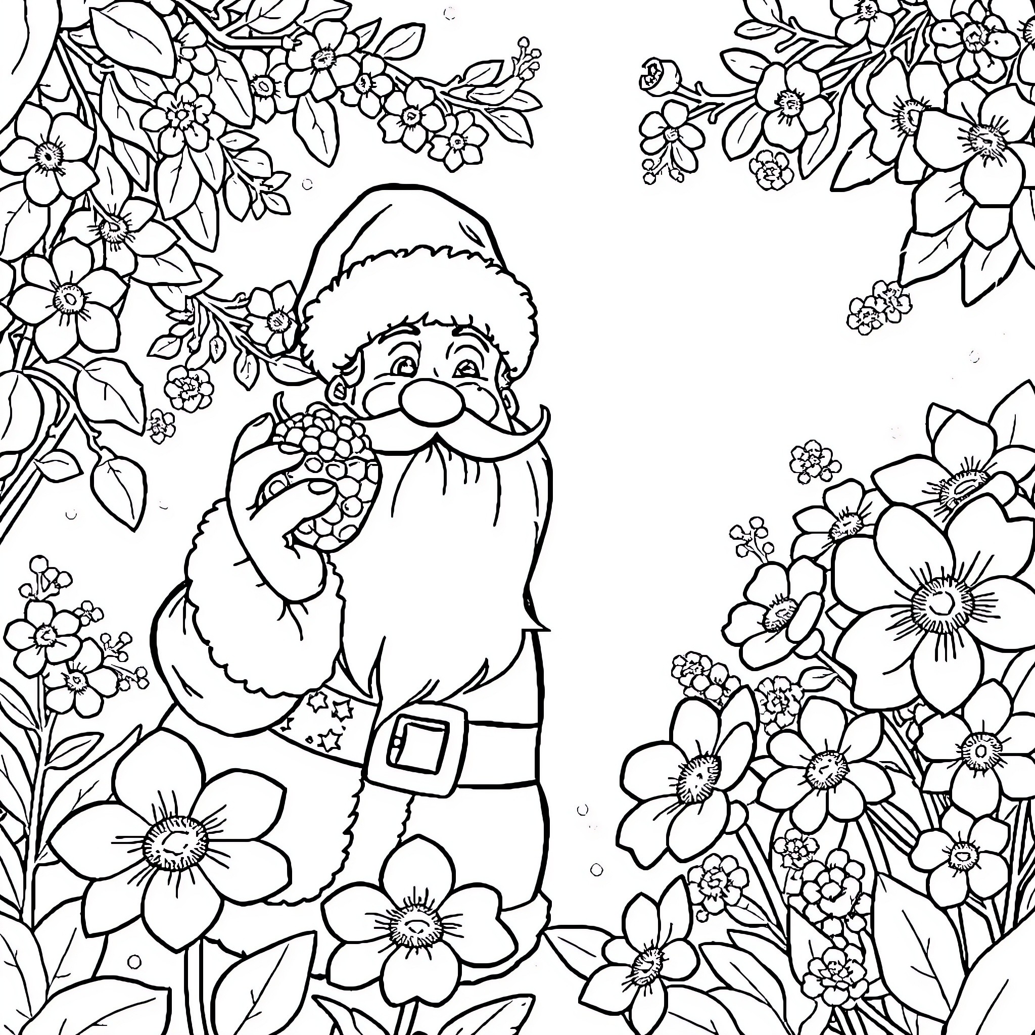 Père Noël surrounded by festive flowers and foliage Coloring Page (free black-and-white line drawing printable PDF for all, from beginners to advanced learners, including children, teens, adults, and seniors)