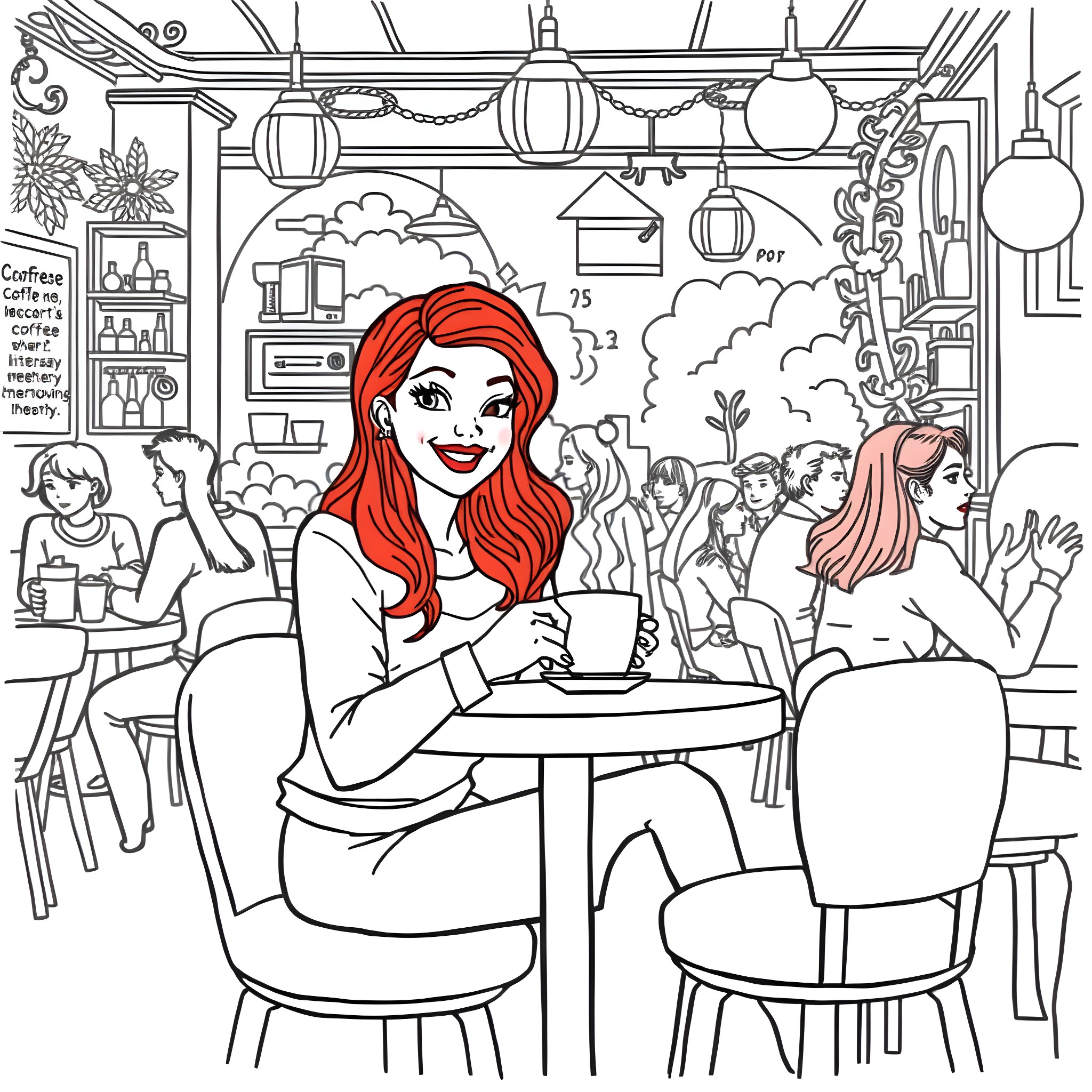 Lady Enjoying Coffee at Vibrant Cafe Coloring Page (free black-and-white line drawing printable PDF for all, from beginners to advanced learners, including children, teens, adults, and seniors)