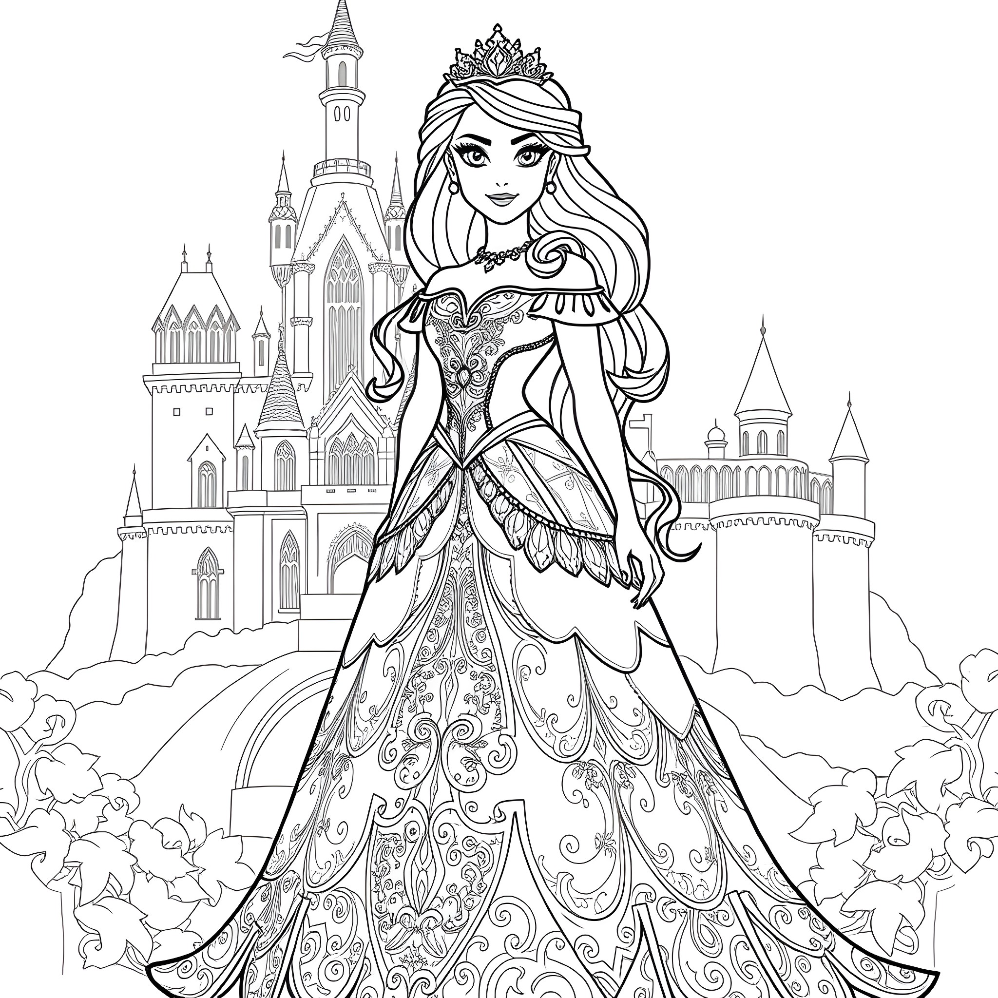 Princess in a Magnificent Gown at the Castle Coloring Page (free black-and-white line drawing printable PDF for all, from beginners to advanced learners, including children, teens, adults, and seniors)