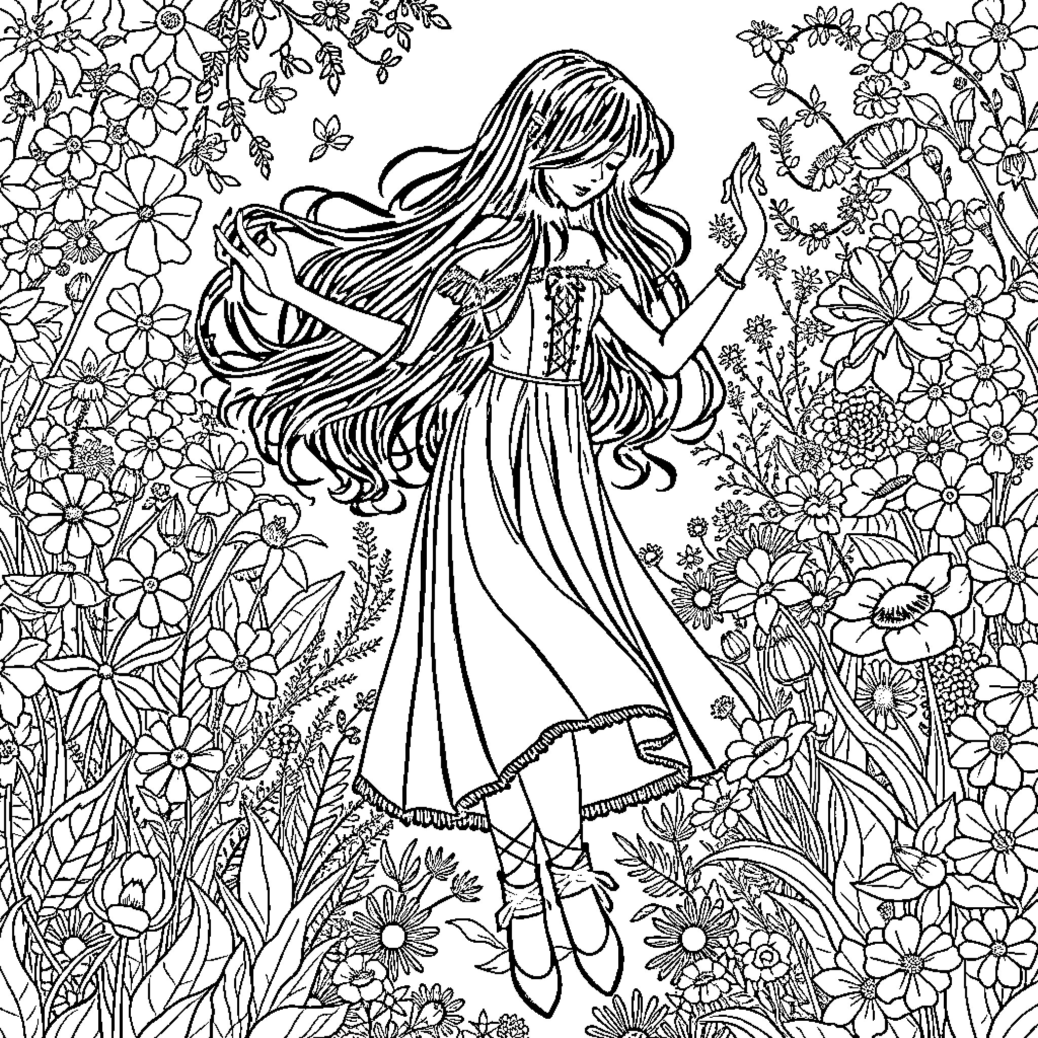 Girl in Flowery Meadow with Flowing Hair Coloring Page (free black-and-white line drawing printable PDF for all, from beginners to advanced learners, including children, teens, adults, and seniors)
