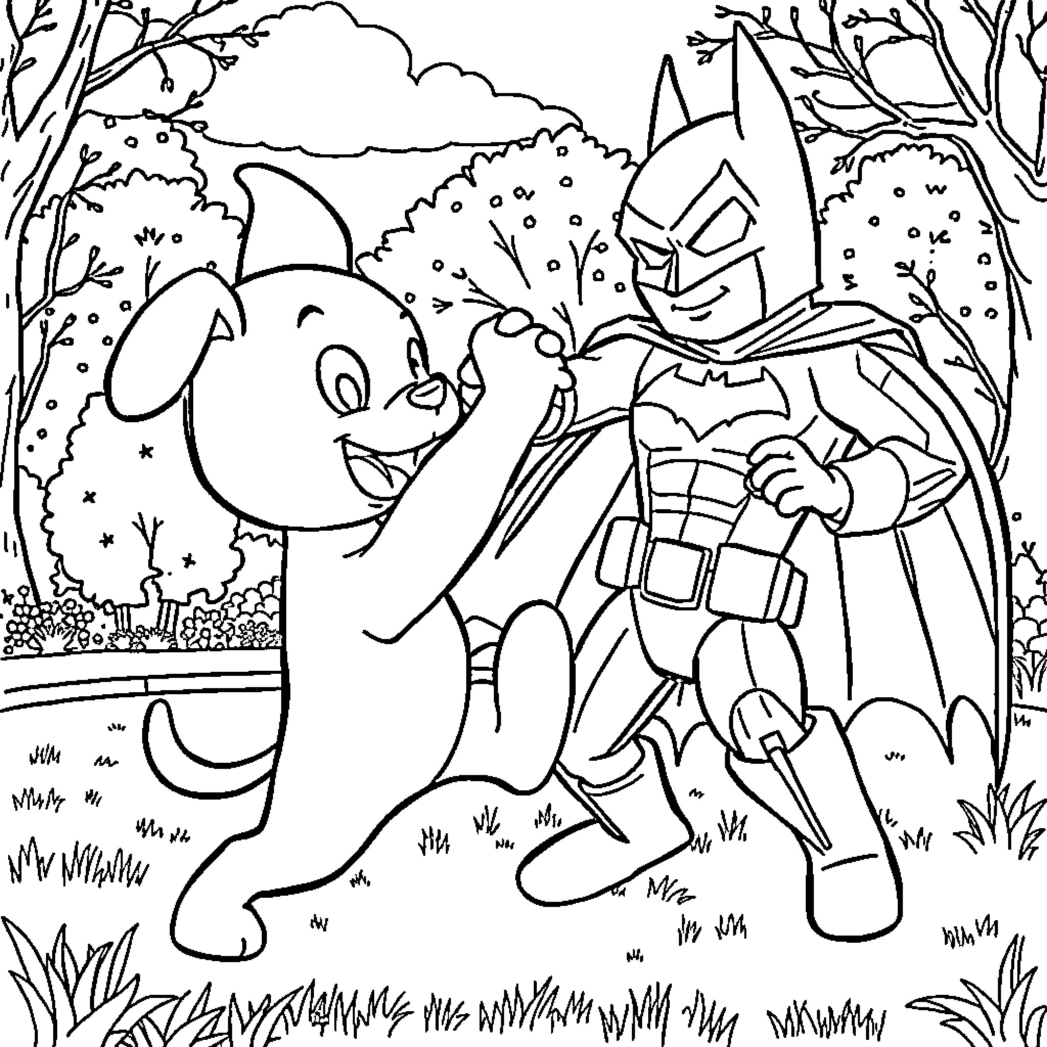Bluey and Batman exploring the enchanted forest Coloring Page (free black-and-white line drawing printable PDF for all, from beginners to advanced learners, including children, teens, adults, and seniors)