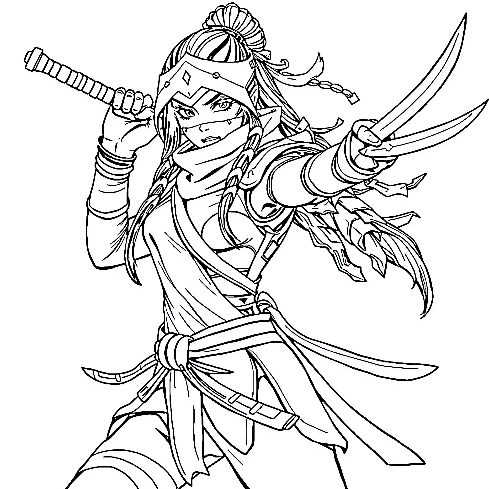 Akali, the Fearless Ninja in Action Coloring Page (free black-and-white line drawing printable PDF for all, from beginners to advanced learners, including children, teens, adults, and seniors)