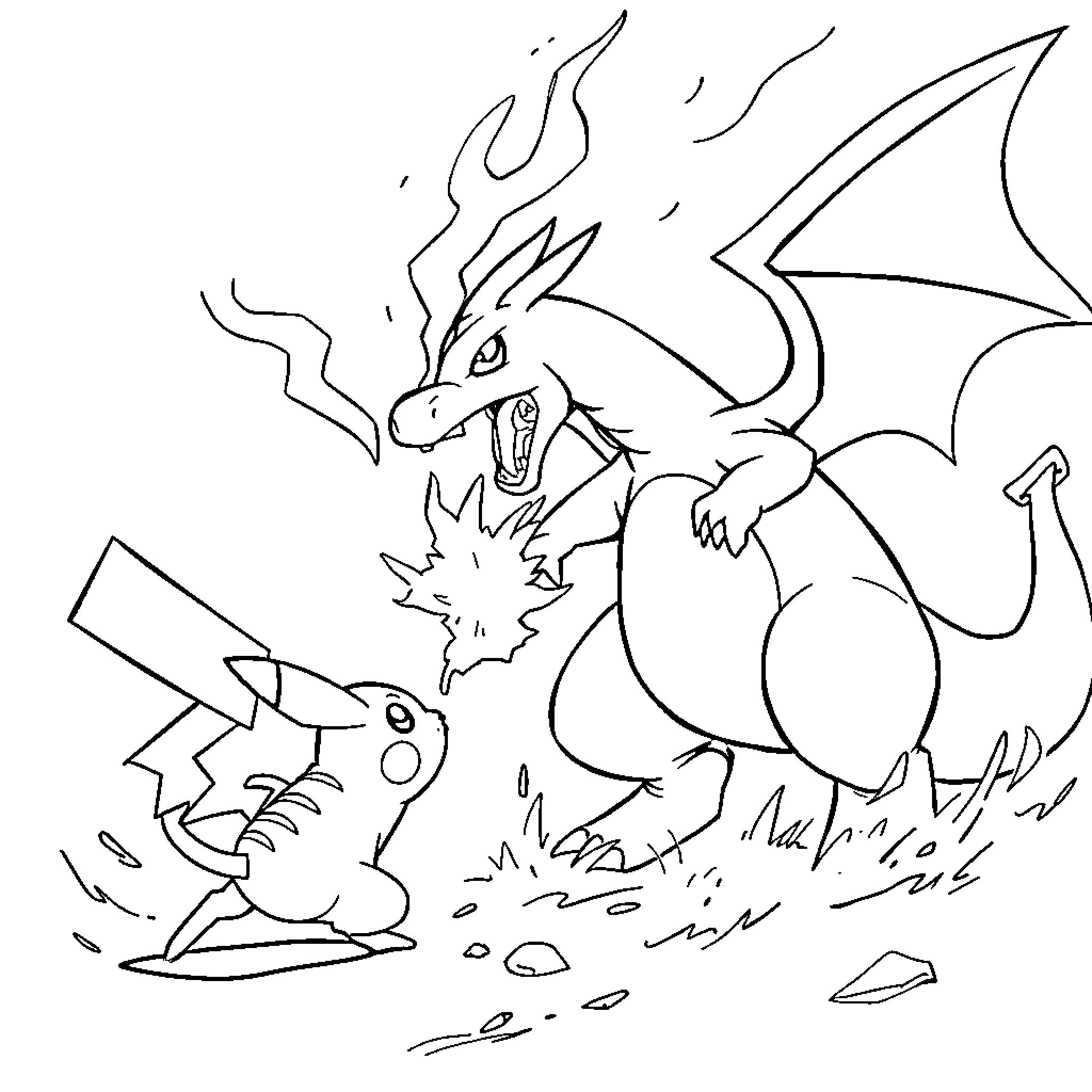 Pokémon Dragon Battle Unleashed Coloring Page (free black-and-white line drawing printable PDF for all, from beginners to advanced learners, including children, teens, adults, and seniors)