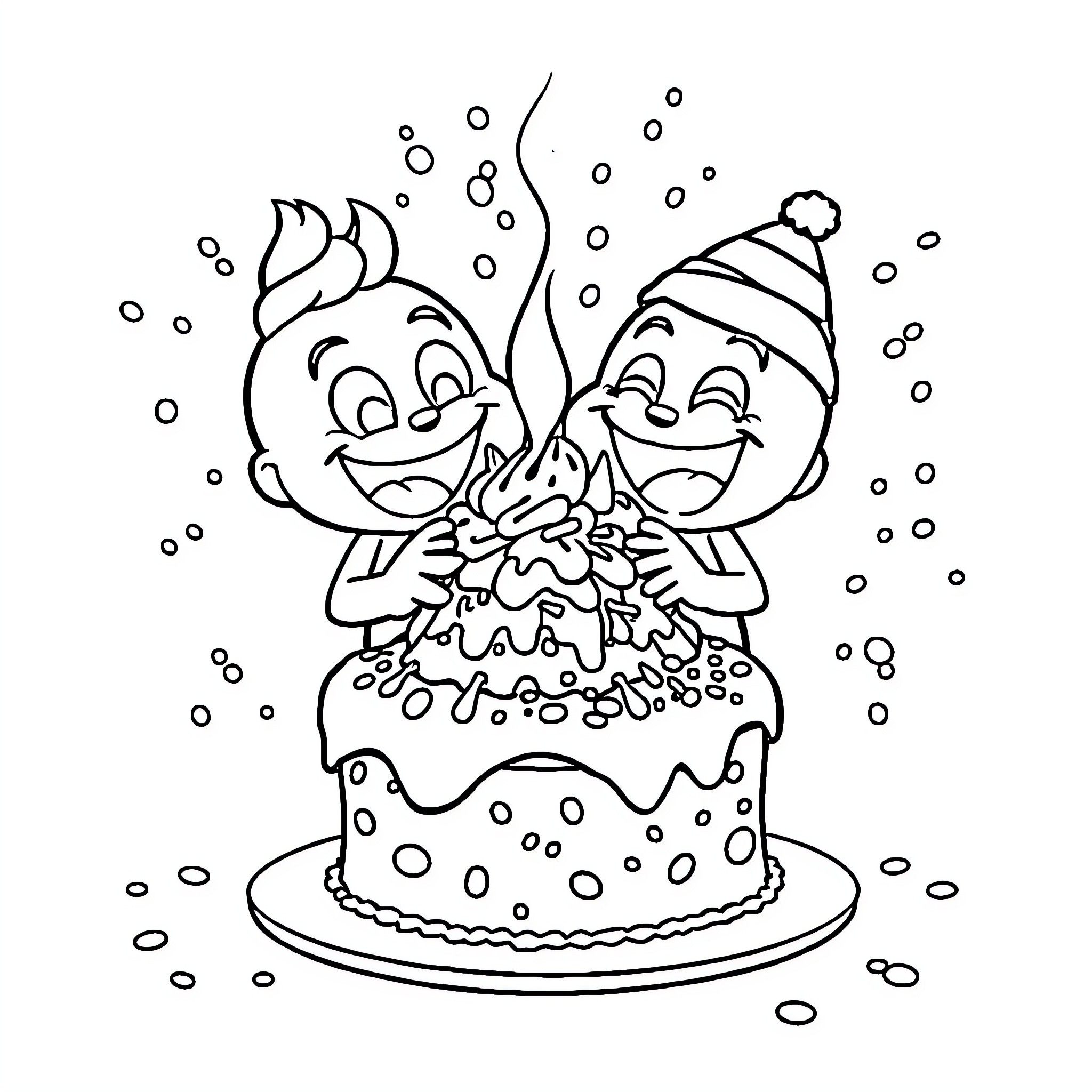Bluey Celebrating a Joyful Birthday with Cake Coloring Page (free black-and-white line drawing printable PDF for all, from beginners to advanced learners, including children, teens, adults, and seniors)